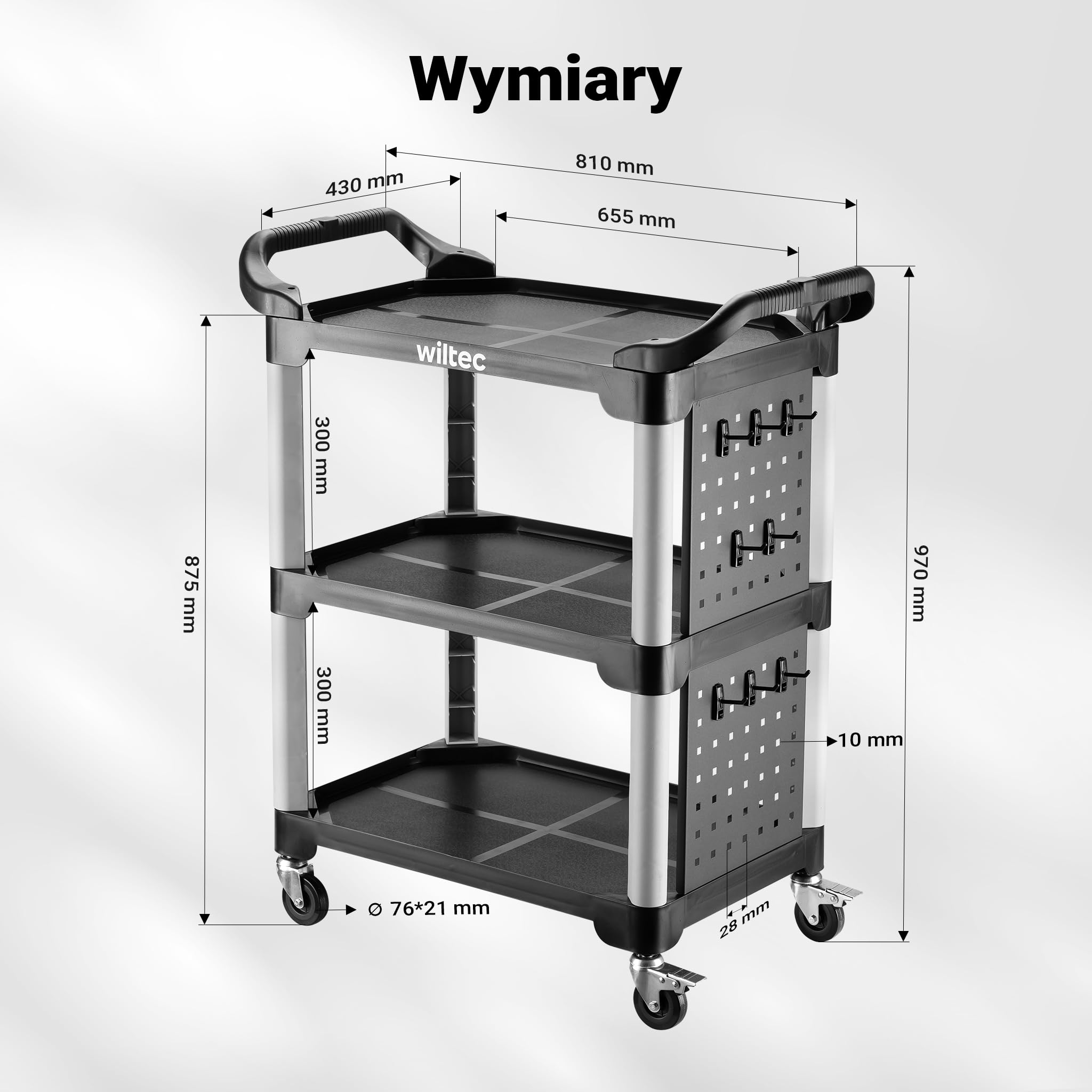 Wiltec Wózek 3-poziomowy typu 03 o nośności 150 kg, wózek warsztatowy 87 x 43 x 66 cm, wykonany z tworzywa sztucznego