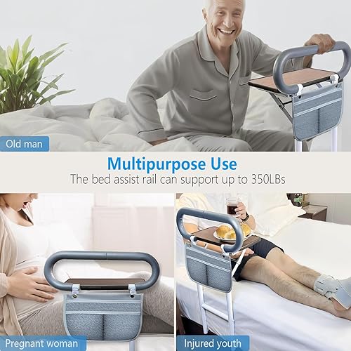 Miniatura 2 de Rieles de cama para adultos mayores, barandilla de cama con mesa plegable bidireccional, rieles de asistencia de cama para personas mayores con