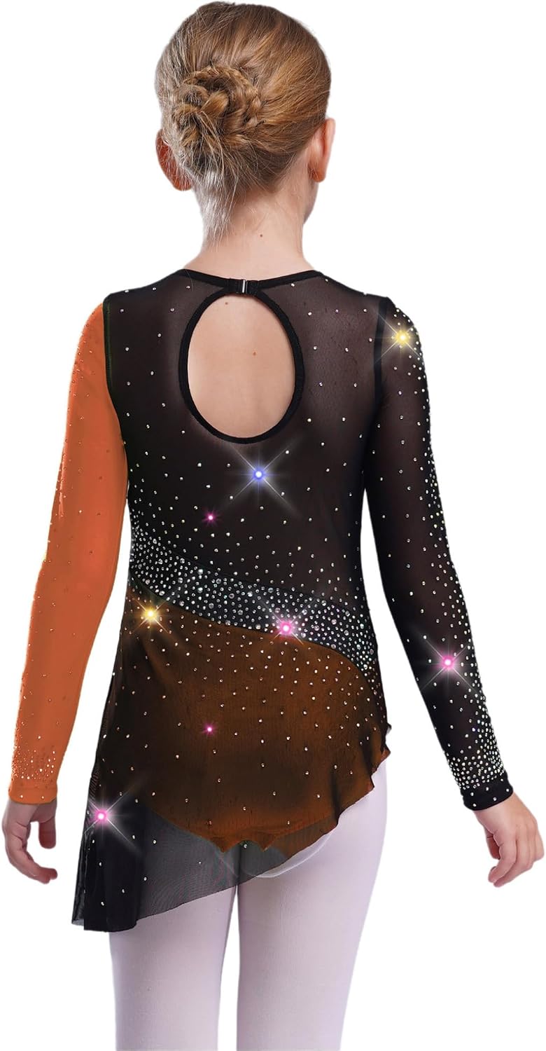 Freebily Kids Girls Figure Skating Dress Long Sleeve Shiny Rhinestone Ballet Dance Leotard for Practice Training