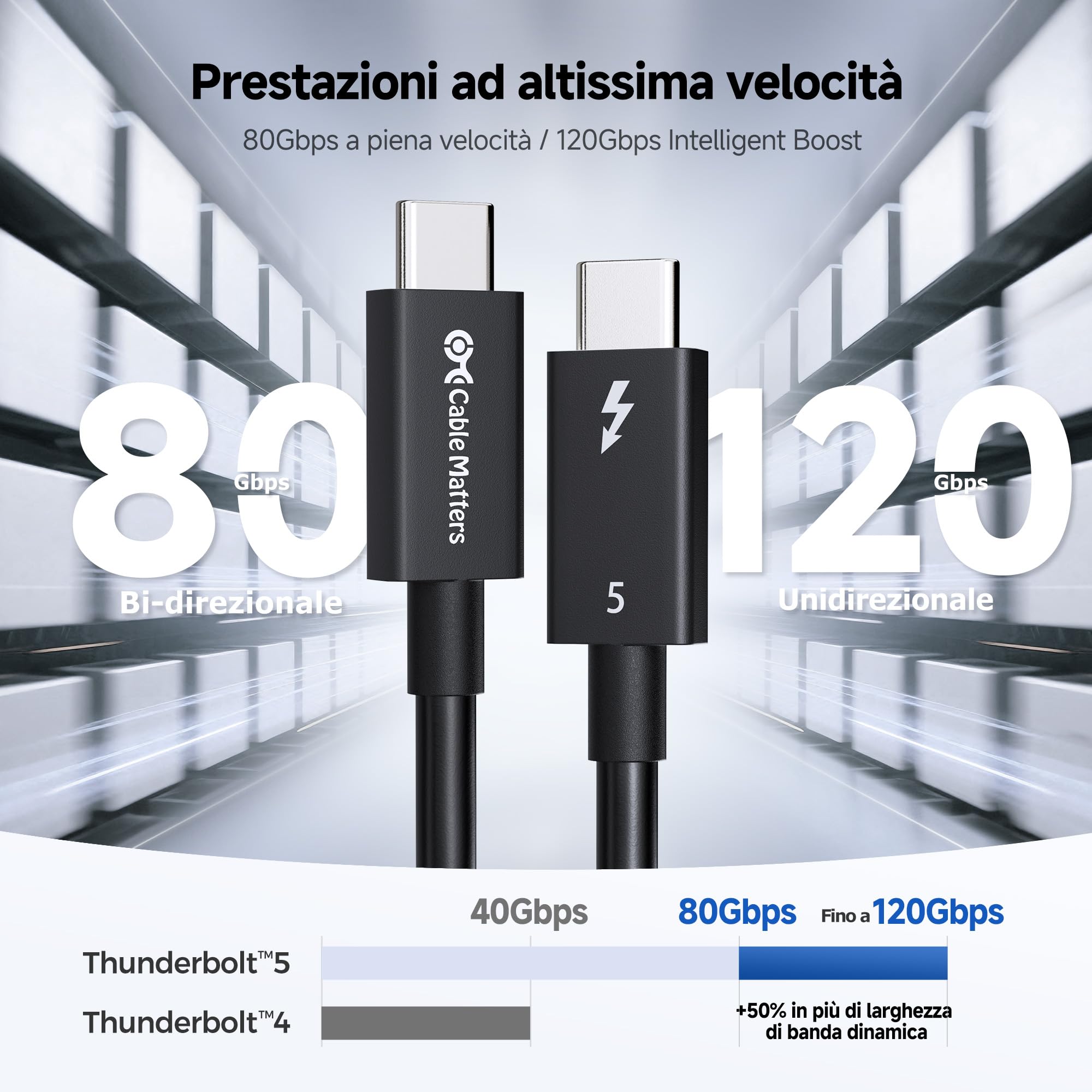 Cable Matters [Certificato Intel] Cavo Thunderbolt 5 da 80Gbps con aumento della larghezza di banda fino a 120Gbps e ricarica da 240W in nero - 1m, compatibile con Thunderbolt 4, USB 4 e USB-C