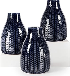 Pumxi Vasi di fiori in ceramica Set di 3 - Vaso decorativo moderno fatto a Mano per Ufficio, Soggiorno, Cucina, Tavola, Matrimonio, Centrotavola, Libreria, Camino - Blu Marino Altezza 11cm, Ø 9.5cm
