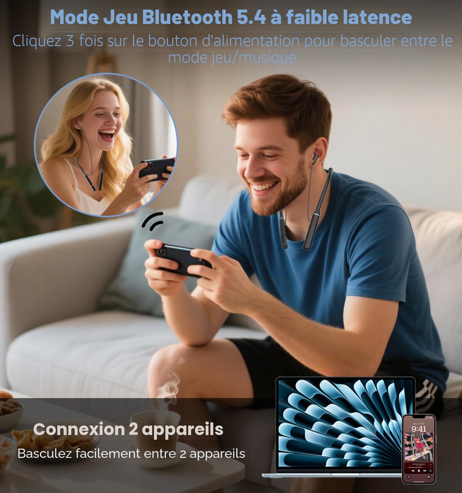 Hmusic Casque Tour de Cou Bluetooth sans Fil, OTG-USB Charging | 35H d'autonomie, 3 Equalizer Modes, Écouteurs magnétiques, Intra-Auriculaires pour Sport/Course/Jeux, Noir