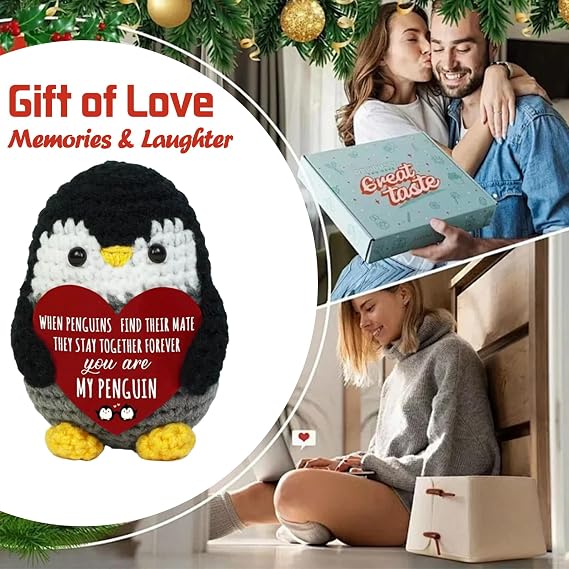 Handmade Positive Crochet Penguin Plush Toy, Inspirational Motivational Gifts for Women Emotional Support Positive Animals Crochet