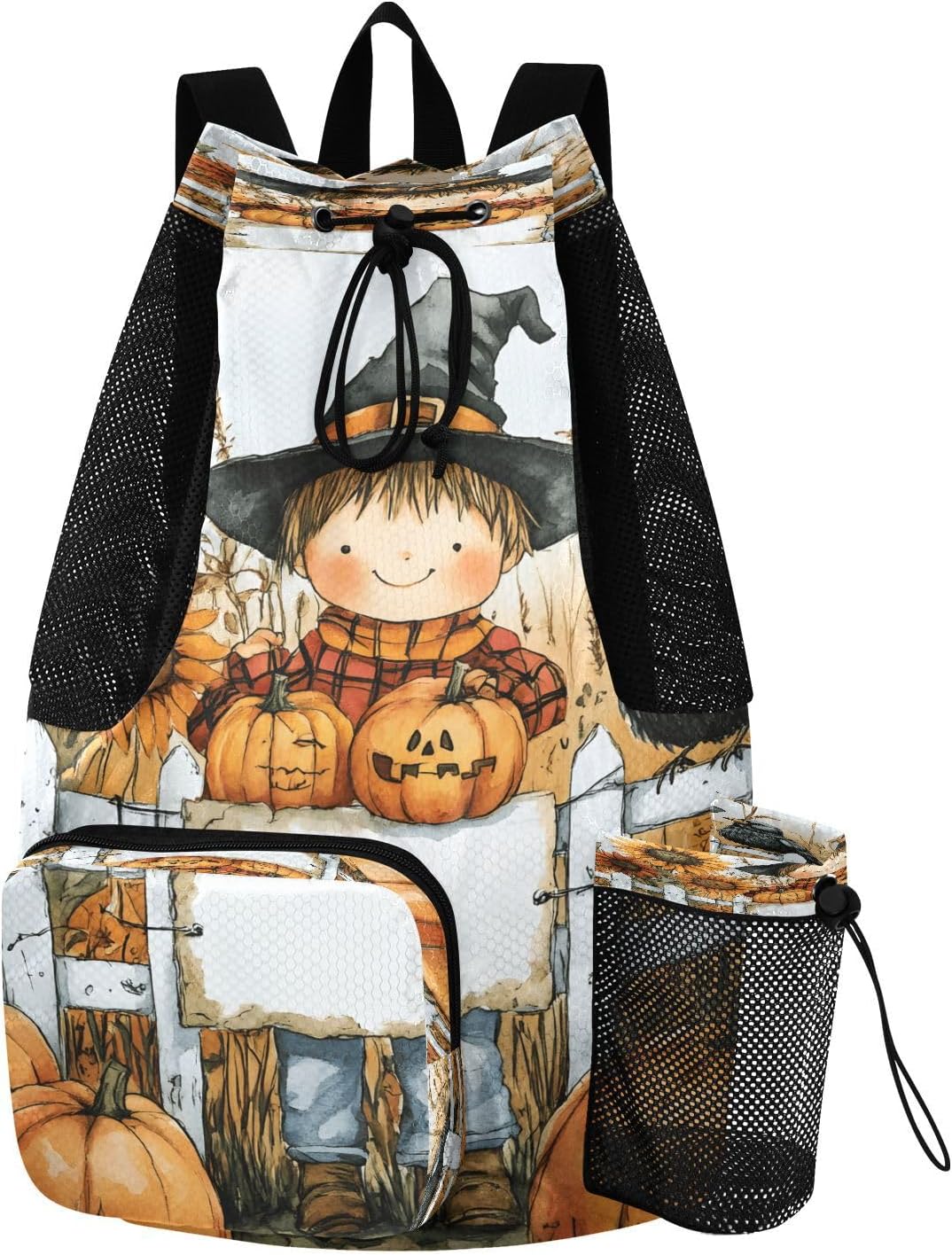 Mesh Gym Swimming Bags for Men & Women, Watercolor Pumpkins Farm Sunflowers Bird Large Drawstring Backpack with Dry-Wet Pocket, Lightweight Gym Bag for Sports, Travel, Beach, Workout Gear