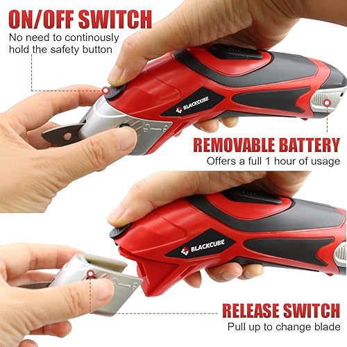 Miniatura 3 de BLACKCUBE Tijeras eléctricas inalámbricas de 4 V con dos cuchillas de corte, herramienta de tijeras eléctricas para coser, tela de corte, cartón,