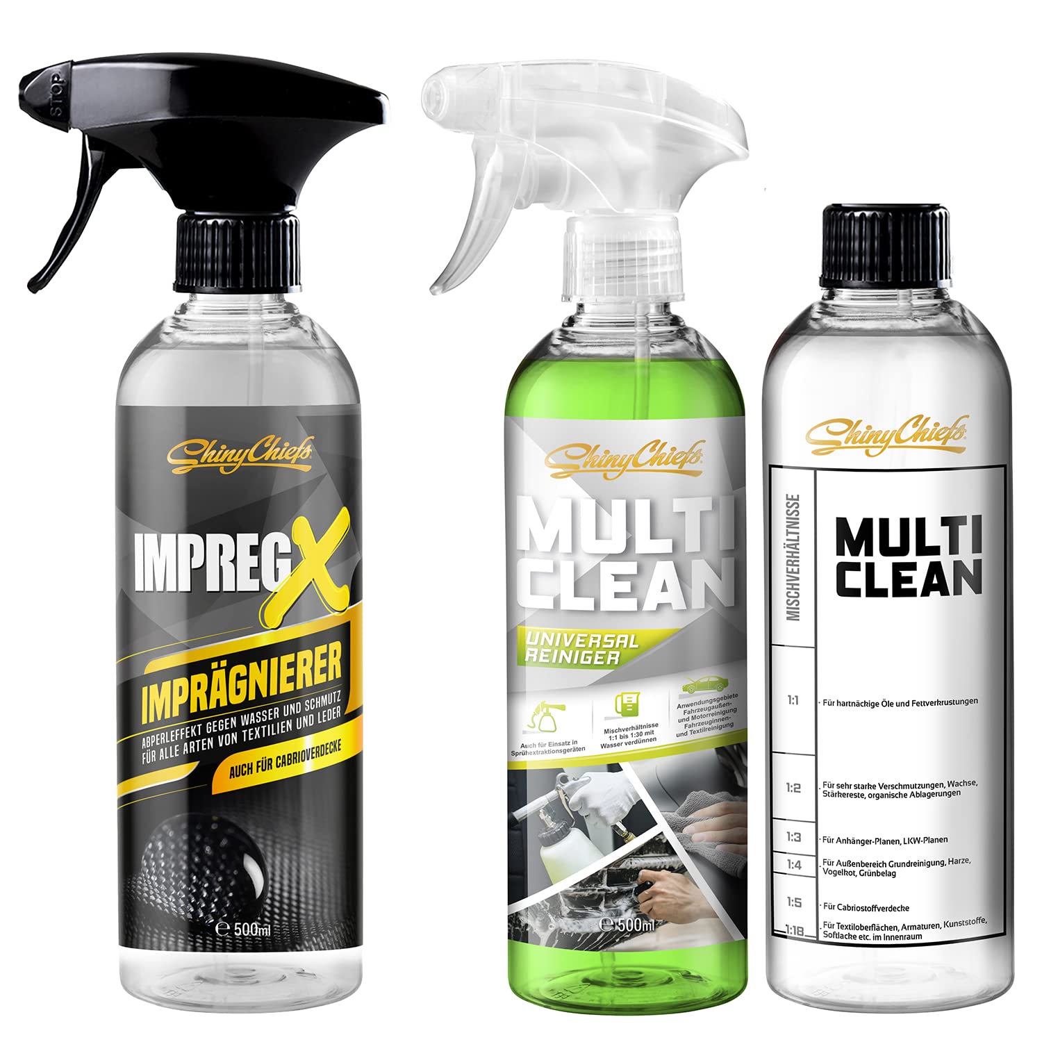 ShinyChiefs IMPREG X - Multi-Reiniger für Alle Oberflächen + Wasserabweisendes Imprägnierspray - 3 x 500ml

ShinyChiefs 