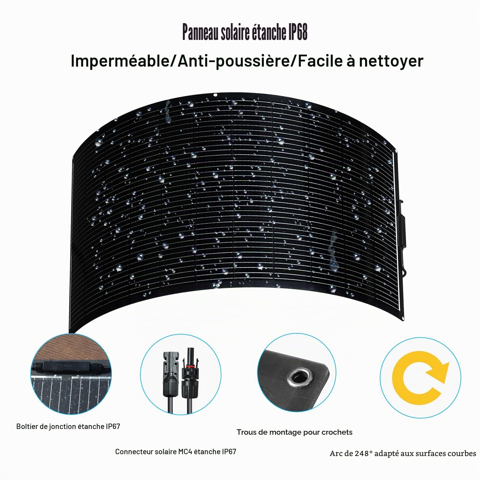 XINPUGUANG Kit Panneau Solaire Souple 300W – 2 Panneaux 150W + Régulateur de Charge 30A 12V/24V + Câbles Solaires, Surface PET Noire Fine et Légère pour Camping-car, Bateau, Caravane