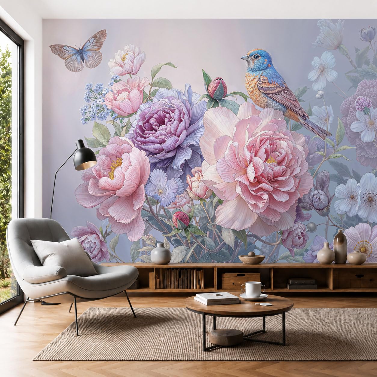 Fotomural Efecto Peonía Azulejo Mariposa 3D Papel Tapiz, Flores Exóticas Jardín Decoración De La Pared Murales, Sala De Estar Dormitorio Papel Pintado 300 × 210 cm