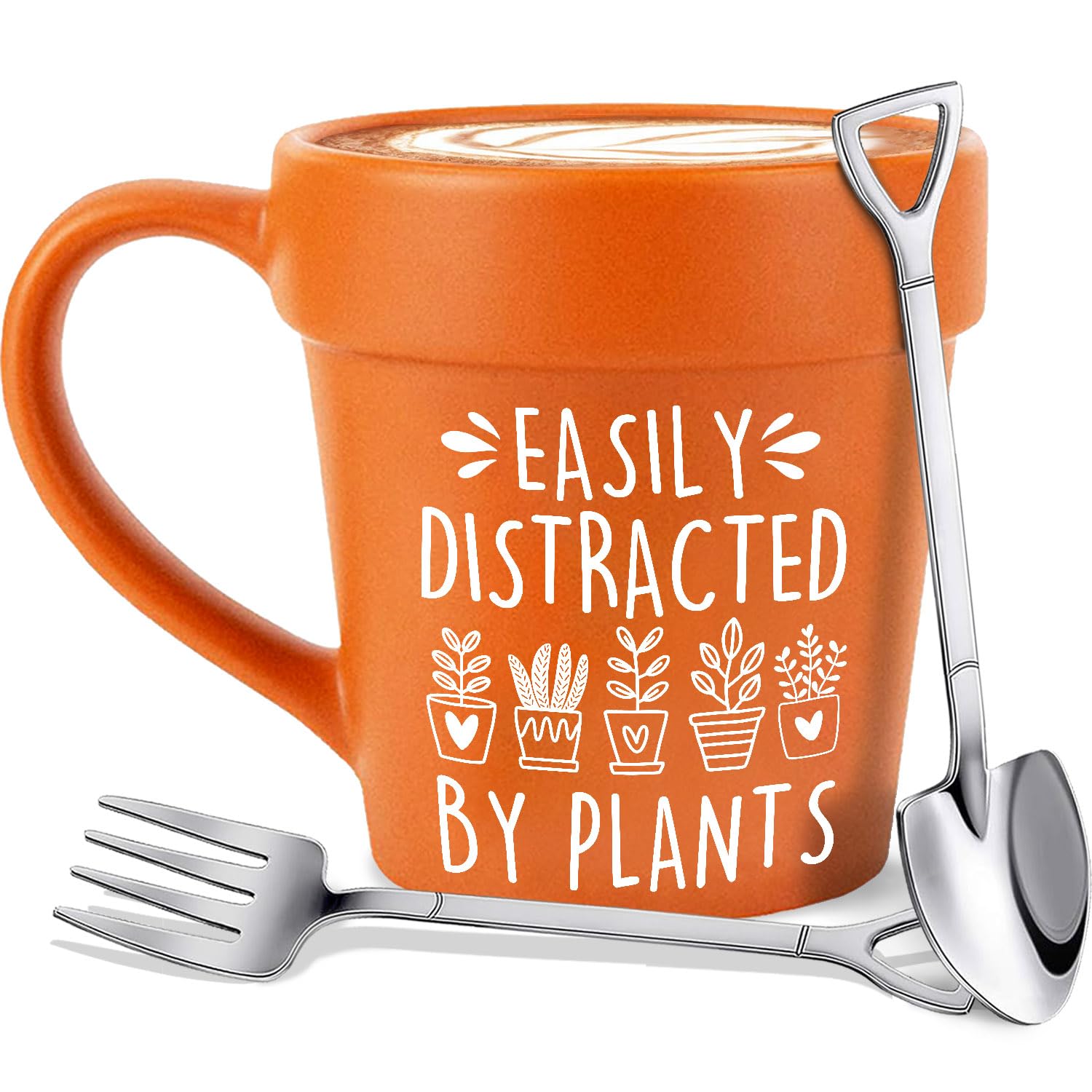 14oz Large Plant Mug With Shovel Spoon & Fork Easily Distracted By Plants Flower Pot Coffee Mug Gardening Mug - Handmade Plant Lover Gifts Idea for Women Grandma Mom Mothers Day Christmas
