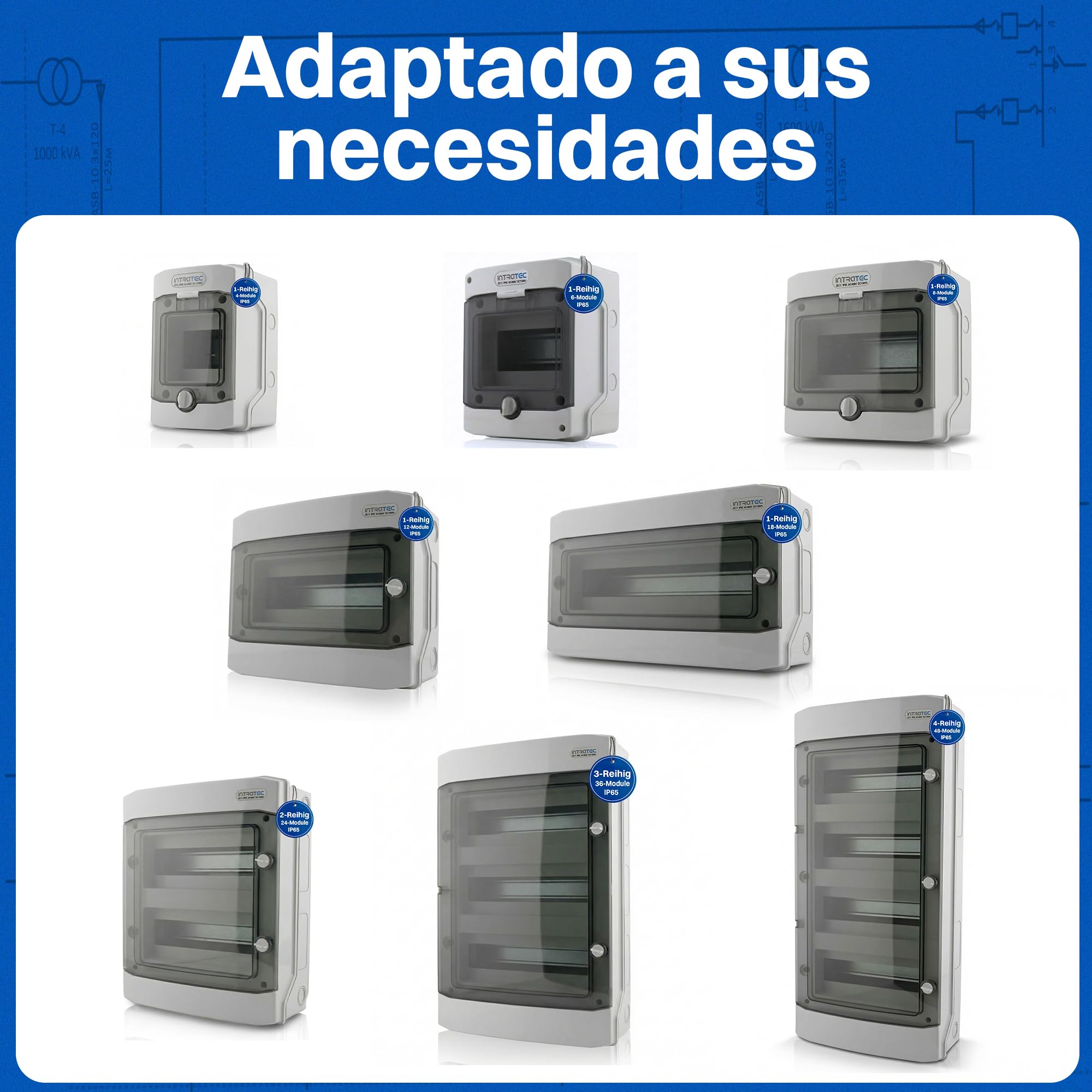 Intratec Caja de Distribución Superficie 2 Fila IP65 – Cuadro Eléctrico para 24 Módulos DIN – Caja de Subdistribución Estanca para Exterior Garaje Sótano Jardín – 400VAC 1500VDC, 318 x 384 x 144 mm