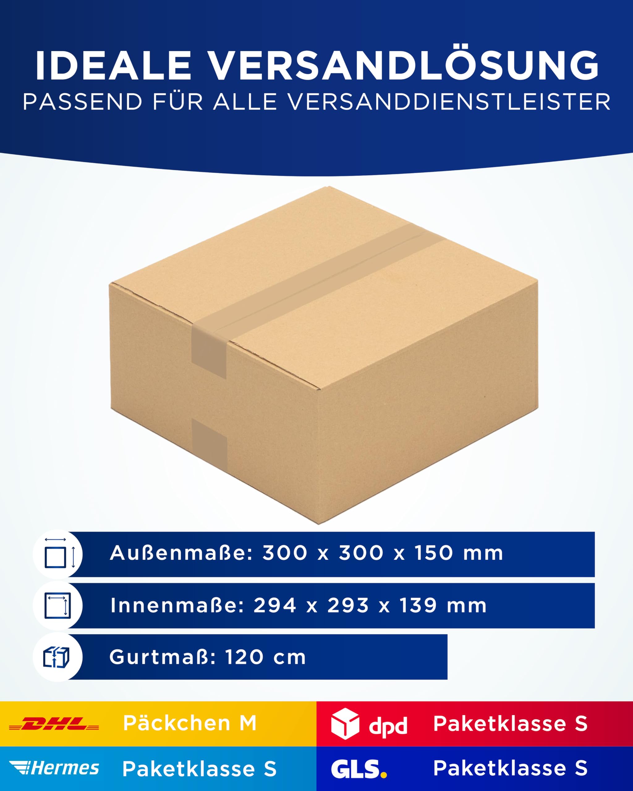 KK Verpackungen Versandkartons 300 x 300 x 150 mm Braun 1-wellig (Innenmaß 294 x 293 x 139 mm) | 100 Stück, Faltkartons Kartons für Versand als DHL Päckchen M DPD Hermes GLS Paketklasse S (KK45)