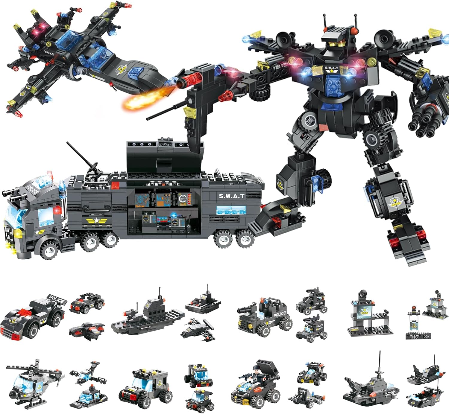 SWAT Police Building Blocks, Mobile Command Truck, Mecha Robot, Helicopter, Patrol Boat & Aircraft, Transformable Construction Model Kit for Adults Collectors (725 PCS)