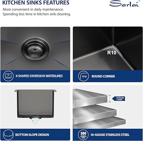 Miniatura 29 de Sarlai - Fregadero empotrado con barra, de 10 x 18 x 8 pulgadas, pequeño, de acero inoxidable, de calibre 16, simple, para RV Acero inoxidable,Negro