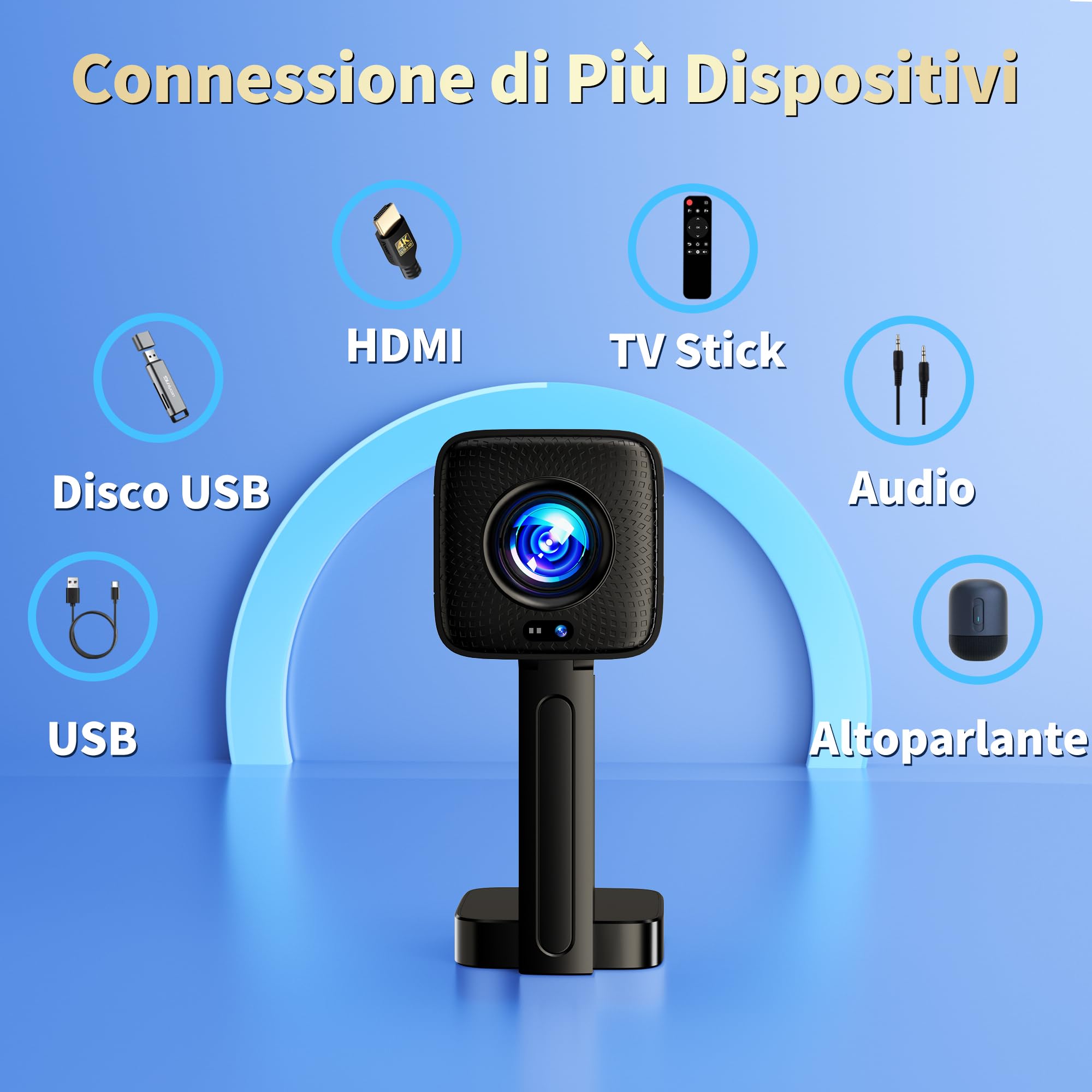 [2026 Upgraded & Apps Integrate] Proiettore 4K Support 1080P & Auto Focus/Keystone e Rotabile 90°, Mini Proiettore con WiFi 6 e Bluetooth 5.4 Compatibile con HDMI/TV Stick/Memory Stick/Laptop - Nero
