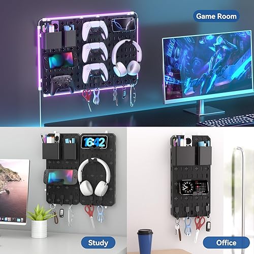 Miniatura 7 de KDD Tablero organizador de pared – 7 en 1 accesorios de tablero de clavijas para juegos con tira de luces LED RGB, kit de combinación de tablero