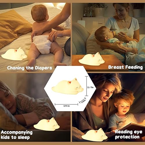 Miniatura 5 de Tremdwoto Luz nocturna de gato para niños, bonita luz nocturna colorida para bebé, lámpara de luces de noche blanda de 13 horas, temporizador de 13
