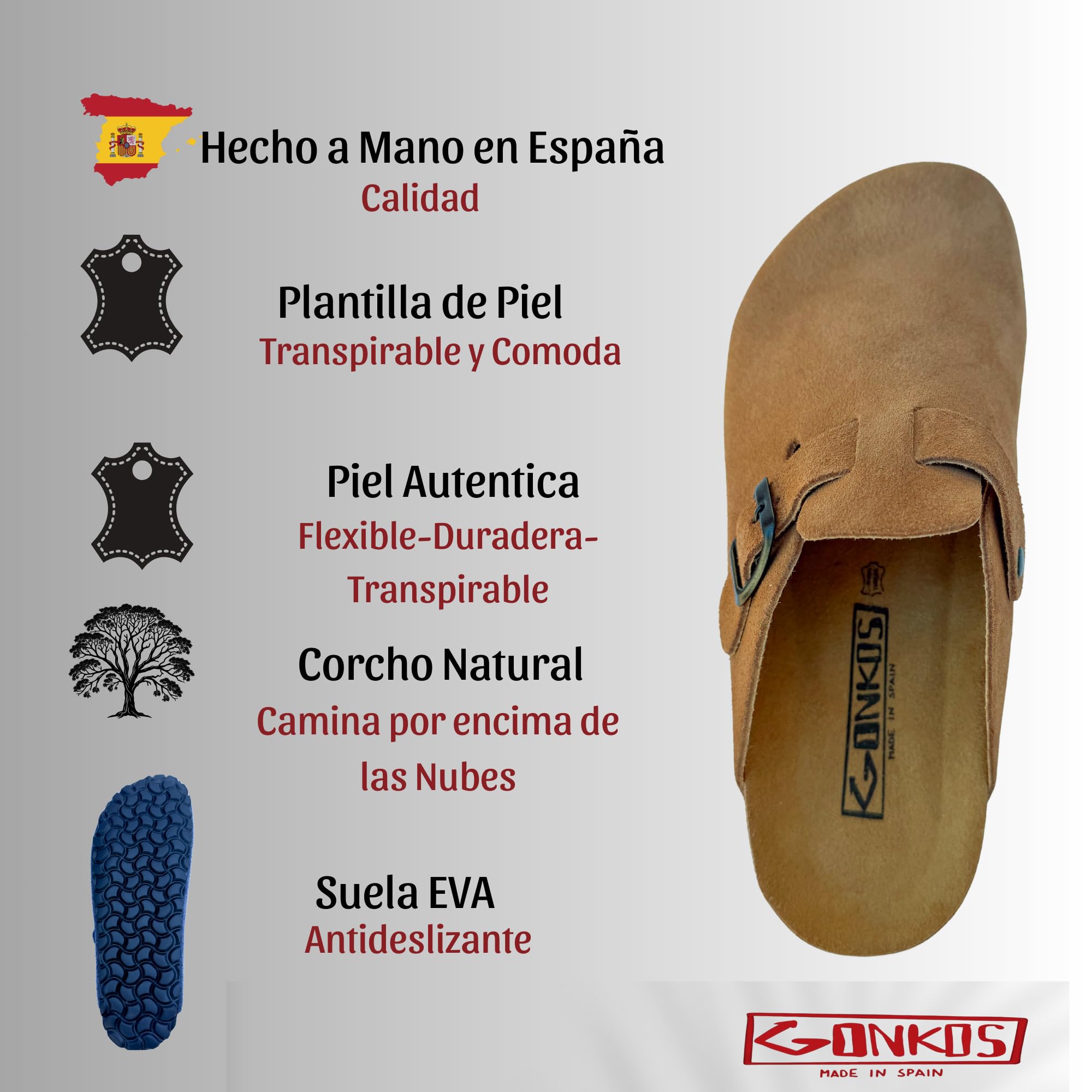 Zuecos de Piel con Plantilla de Corcho, Piel Autentica, Corcho Natural, Hebilla Ajustables al Pie, Sandalias Hombre/Mujer, Suela Antideslizante EVA, Sandalias de Calidad Hechas en España