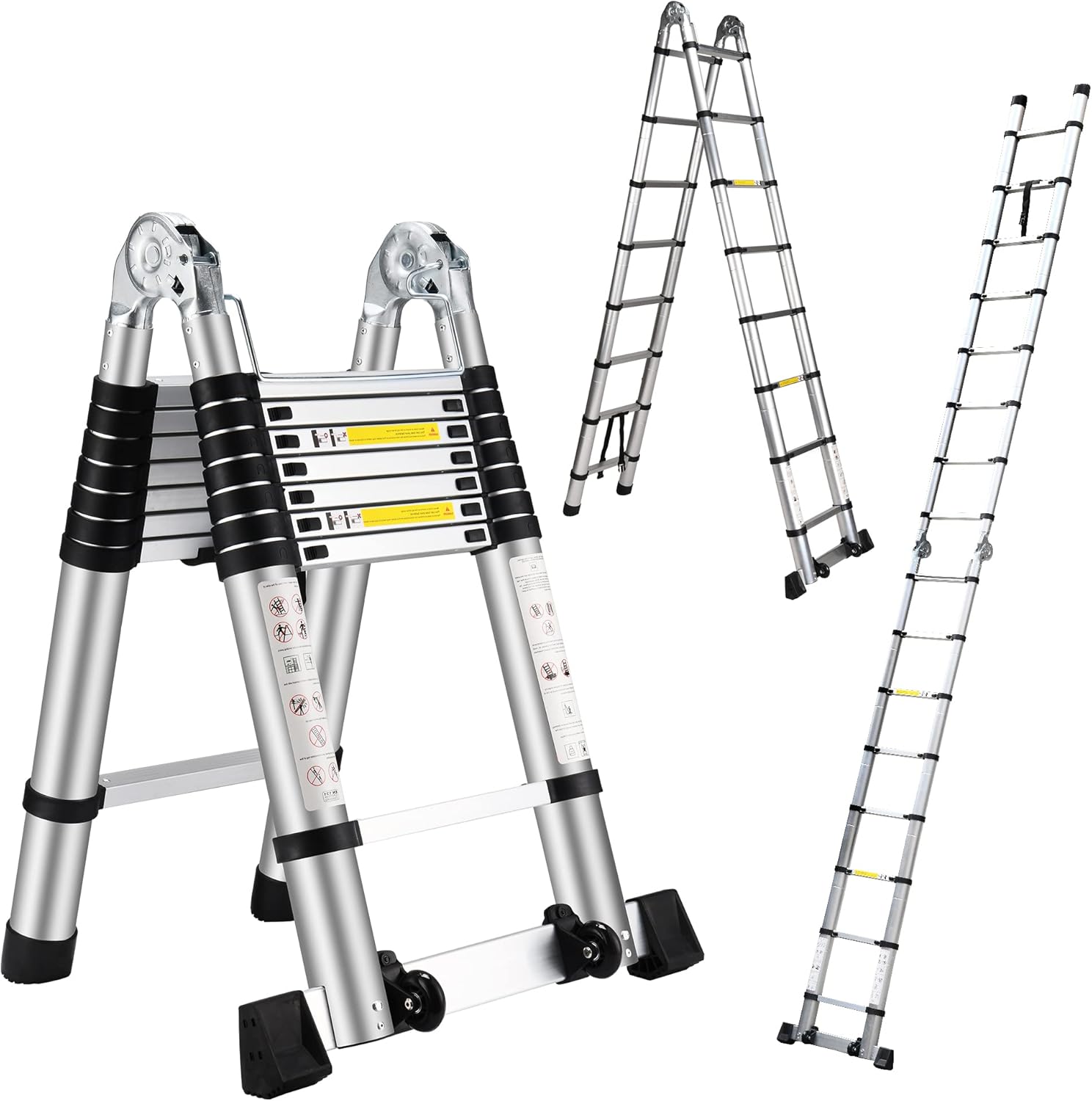 Telescoping Ladder 16.5FT,A-Frame Aluminum Extension Ladders with Stabilizer Bar Wheels,Portable Multi-Purpose Collapsible Ladder for Roof Ceiling Household Use - - 