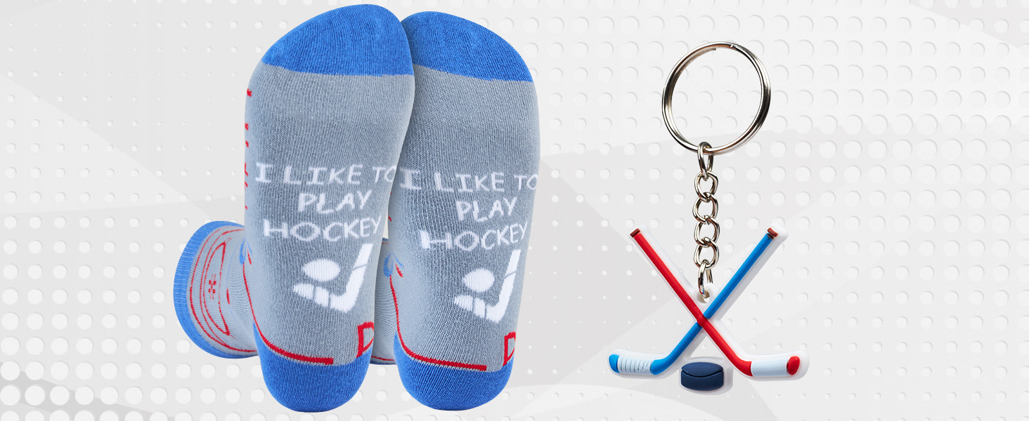 Get Trend Ice Hockey Mens Socks With Keychain Set Funny Hockey Accessories, Gifts for Him, Husband, Boyfriend (8/13 US, Grey Hockey)