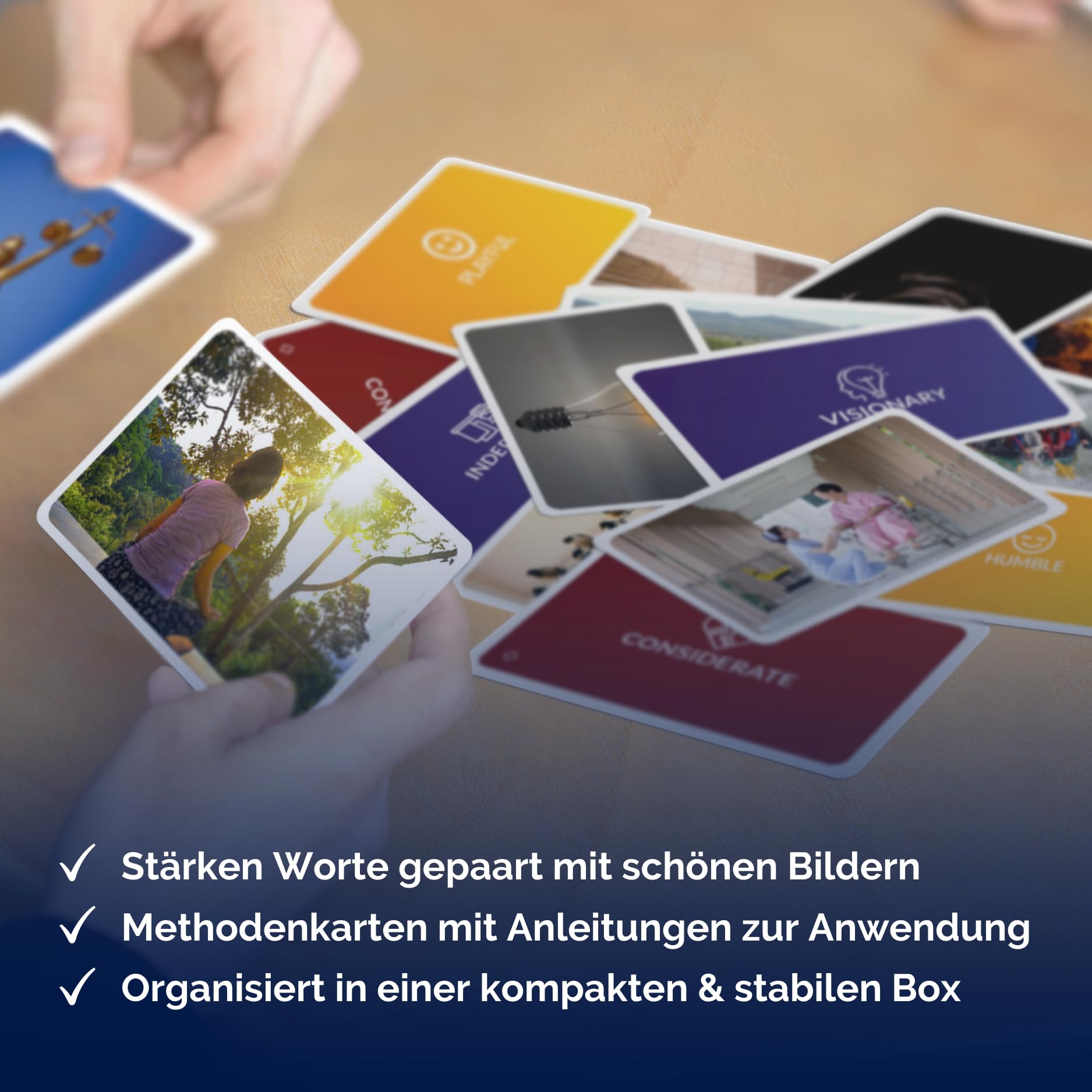metaFox Deine Stärken | 52 Stärkenkarten für Coaching, Workshops & Teambuilding | Hochwertige Coachingkarten mit Stärken, Symbolen und Bildern, kompaktes Format und stabile Verarbeitung