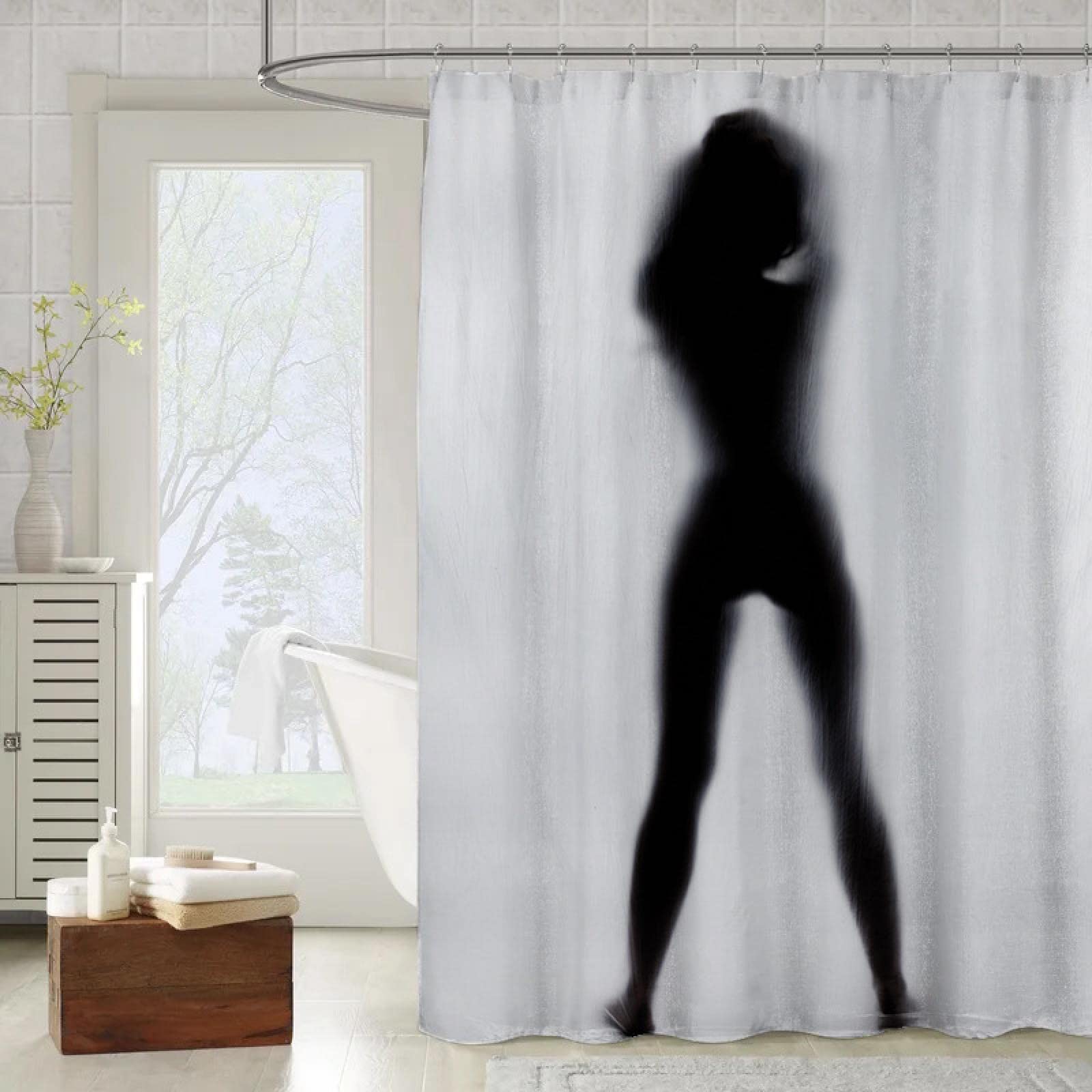 Rideau de douche en polyester imperméable avec crochets pour femme Noir 180 x 180 cm