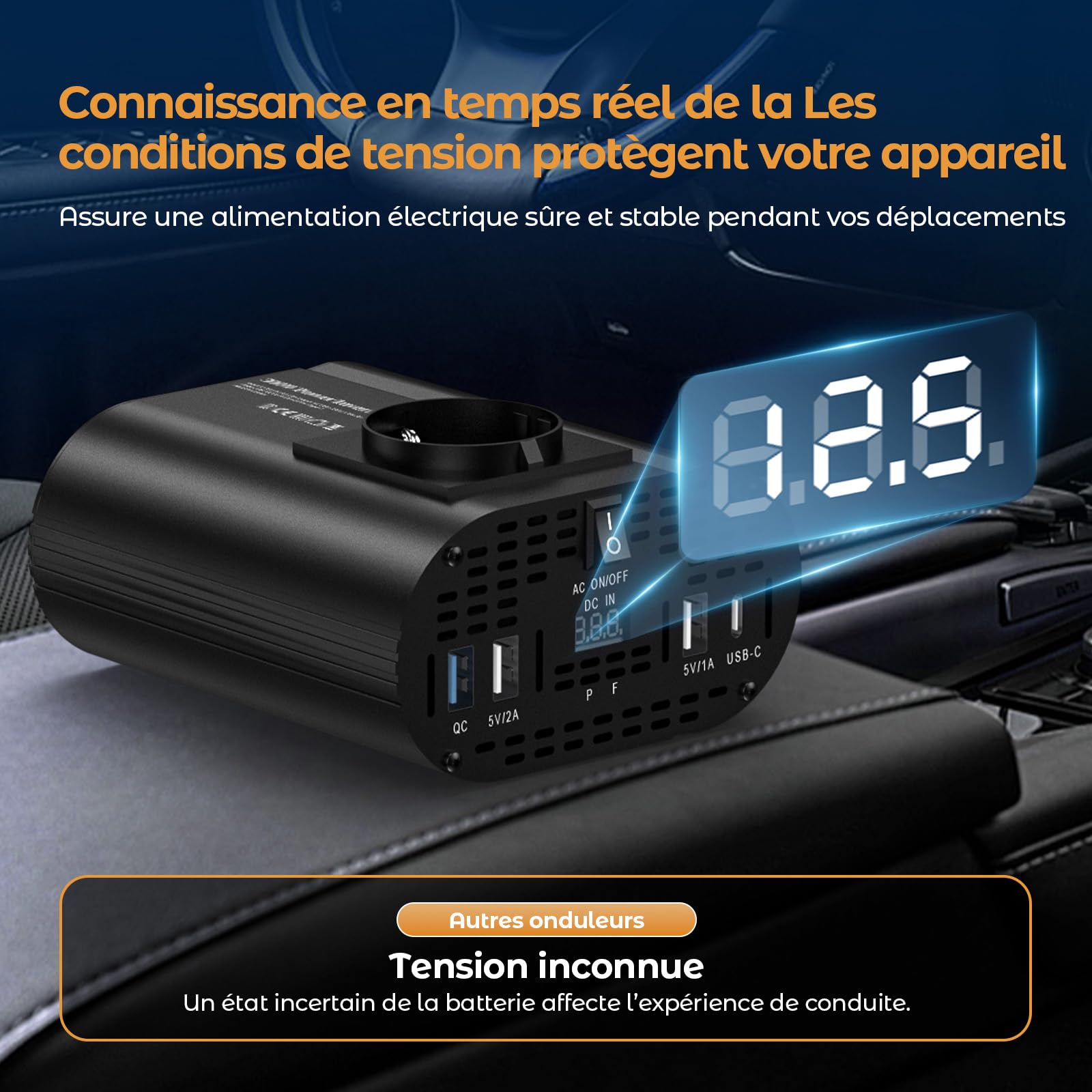 300w convertisseur 12v 220v, onduleur 12v 220v avec 1 Prise, Type C 30W, Charge Rapide USB 25W, 3 Ports USB, Affichage LED