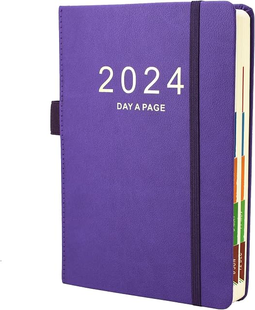 Diary 2024 A5 Day Per Page, 2024 Diary from Jan 2024 to Dec 2024, Productivity A5 Daily Planner with Monthly Tabs, Pen Loop and Inner Pocket, 21×14.5cm400 Page (Purple)