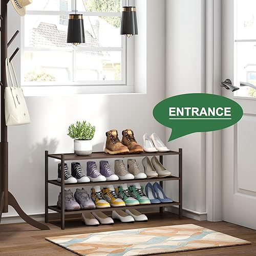 Vista 68 de Zapatero de bambú para entrada, apilable de 2 niveles, plegable, natural, organizador de zapatos para armario de pasillo, zapateros independientes