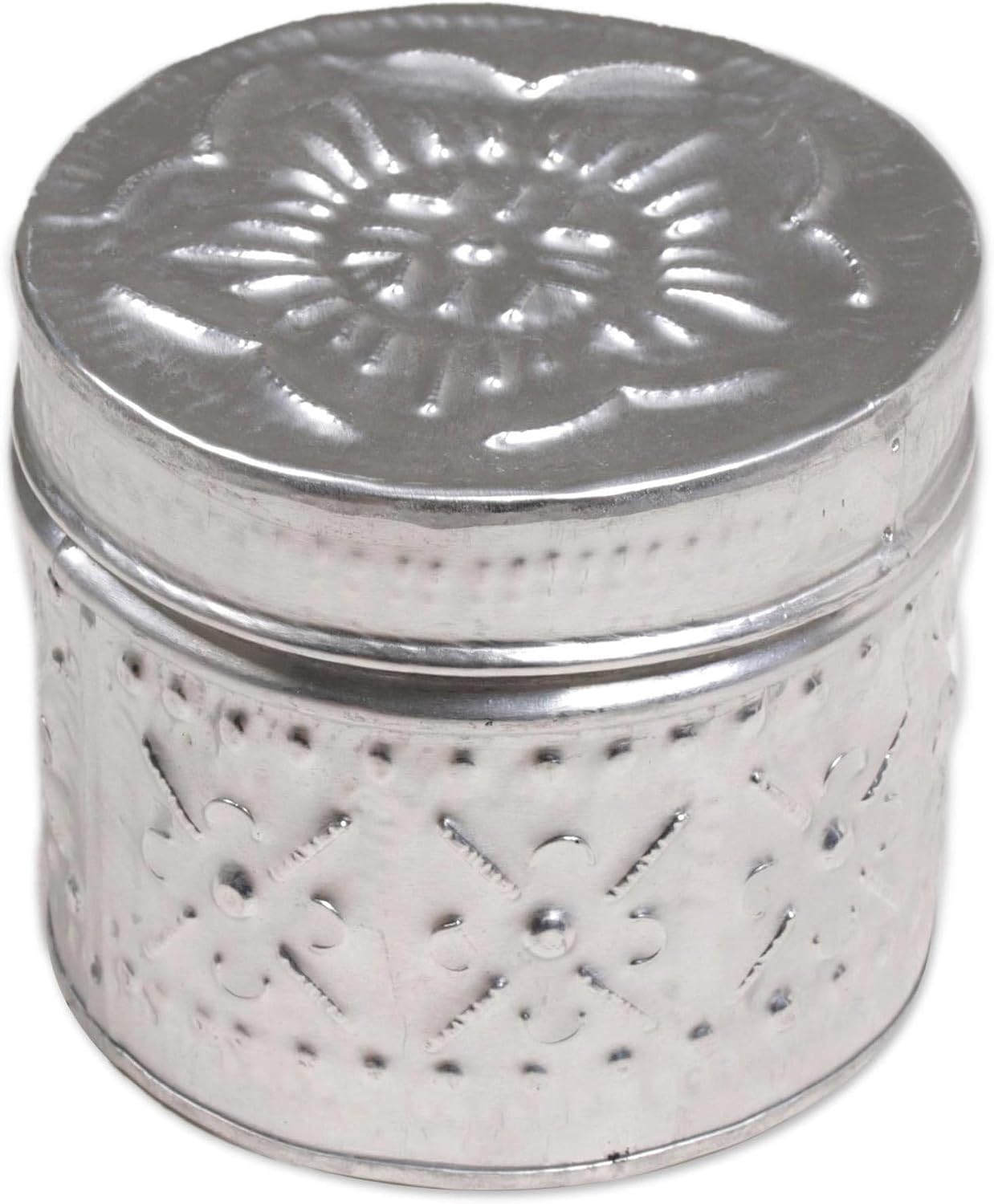 NOVICA Artisan Handmade Aluminum Tinned Candle Ecofriendly Beeswax Floralthemed Metallic Indonesia Lamps Lighting Candles [2.4in H x 2.4in Diam.] ' Soft Light'