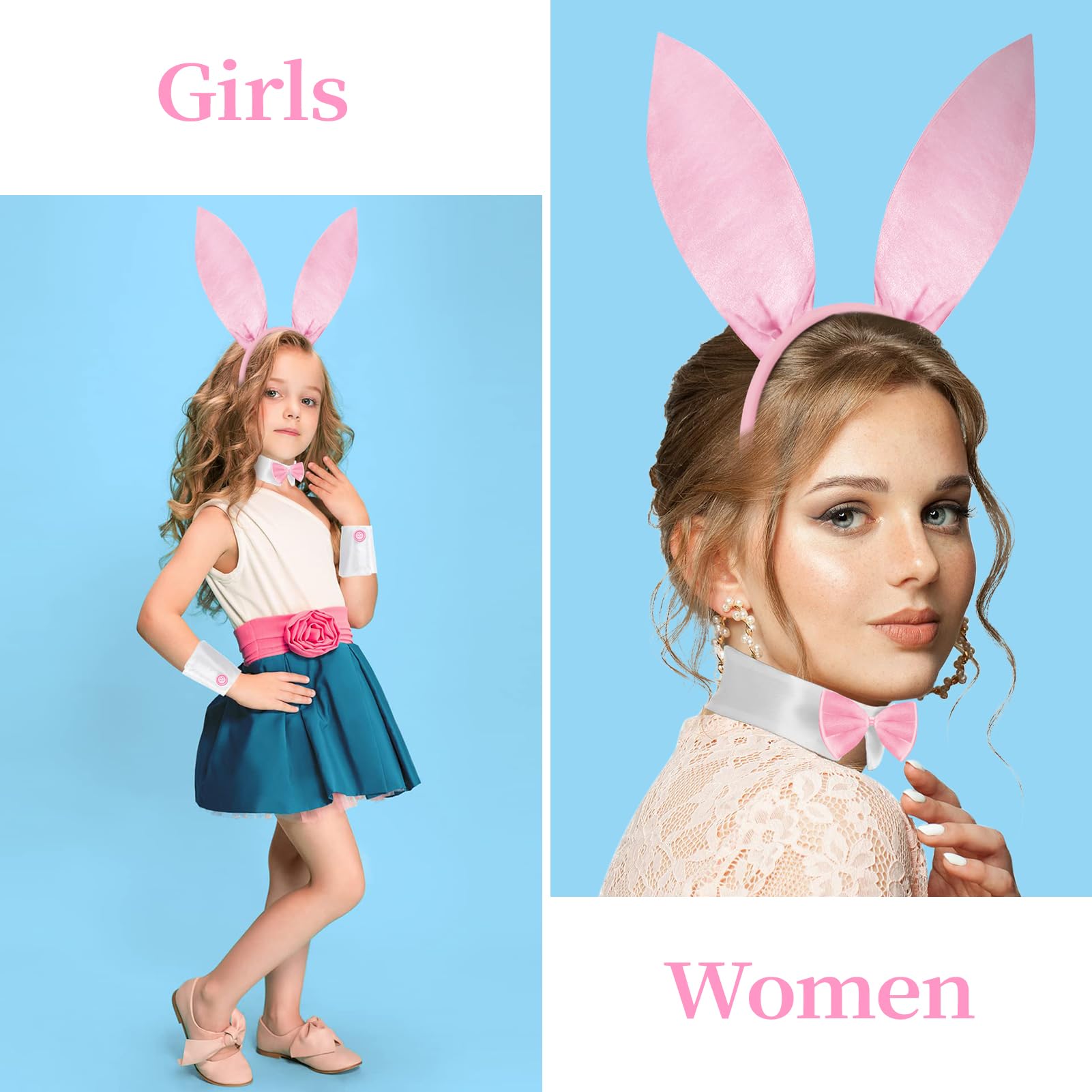 Women's Bunny Costume Set Rabbit Ear Headband Collar Bow Tie Costume Cuffs Rabbit Tail for Easter Party, Pink - Image 4