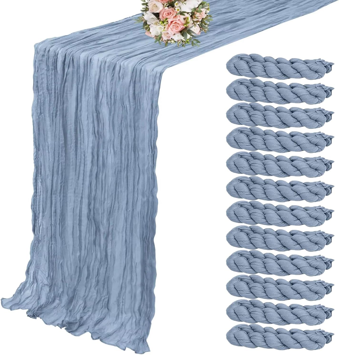 12 Pack Dusty Blue Cheesecloth Table Runner, 10FT Cheese Cloth Spring Table Runner, 35 x 120 Inch Gauze Boho Table Runners for Wedding Bridal Baby Shower Birthday Party