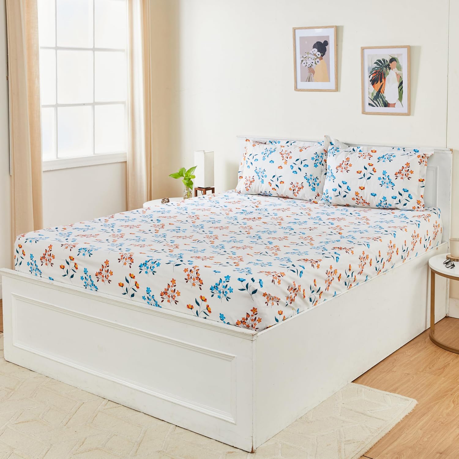 Amazon Brand - Solimo Floral 144 TC Cotton Double Bedsheet with 2 Pillow Covers| 90x100 Inch | Gold
