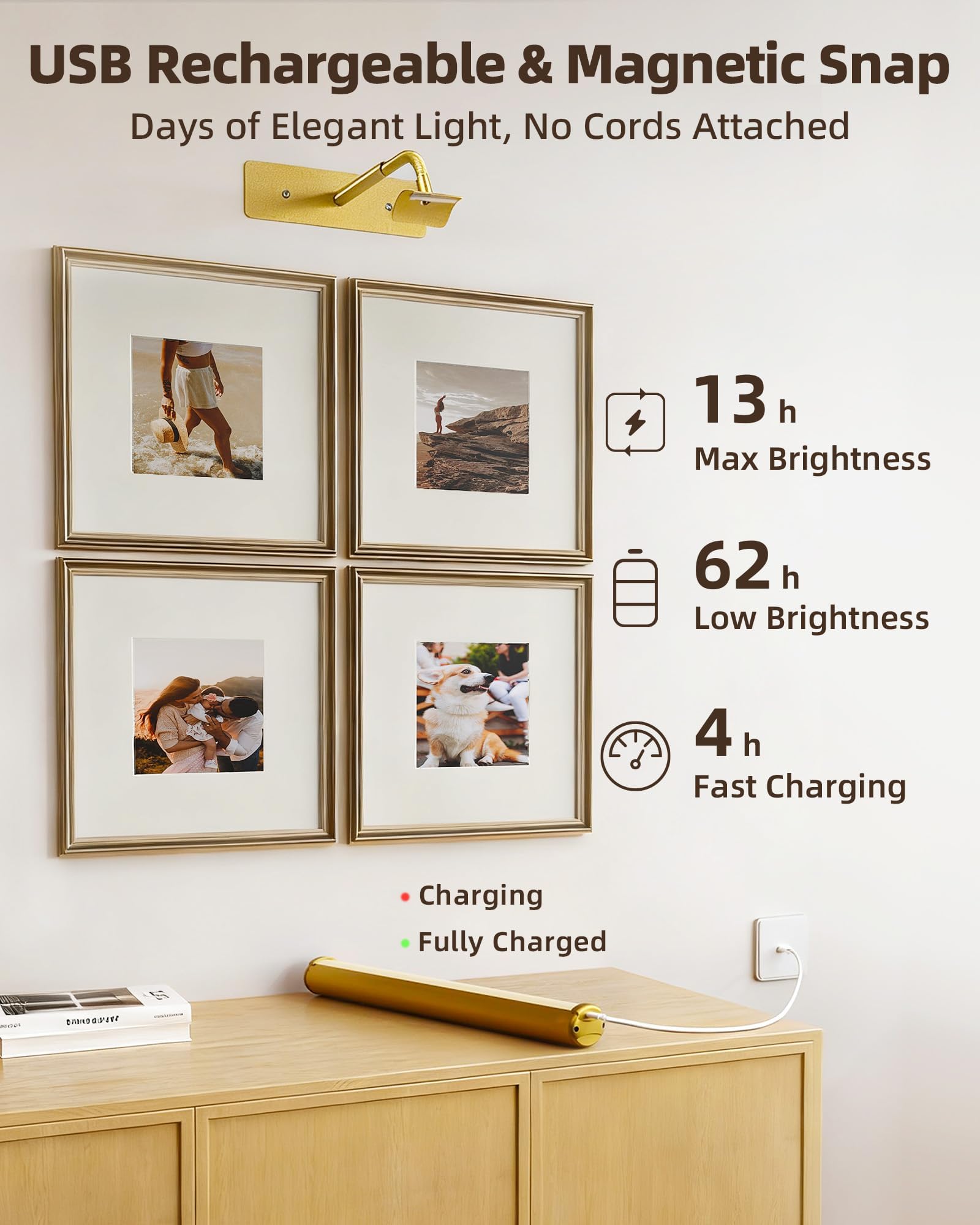 EZVALO Lampada da parete ricaricabile senza fili, 33 cm Illuminazione per Dipinti con Batteria Ricaricabile da 4000 mAh, Telecomando, Regolabile, applique a LED per Quadri e Dipinti - Oro | Lampada da parete da 33 cm con telecomando, dimmerabile e 3 tempe