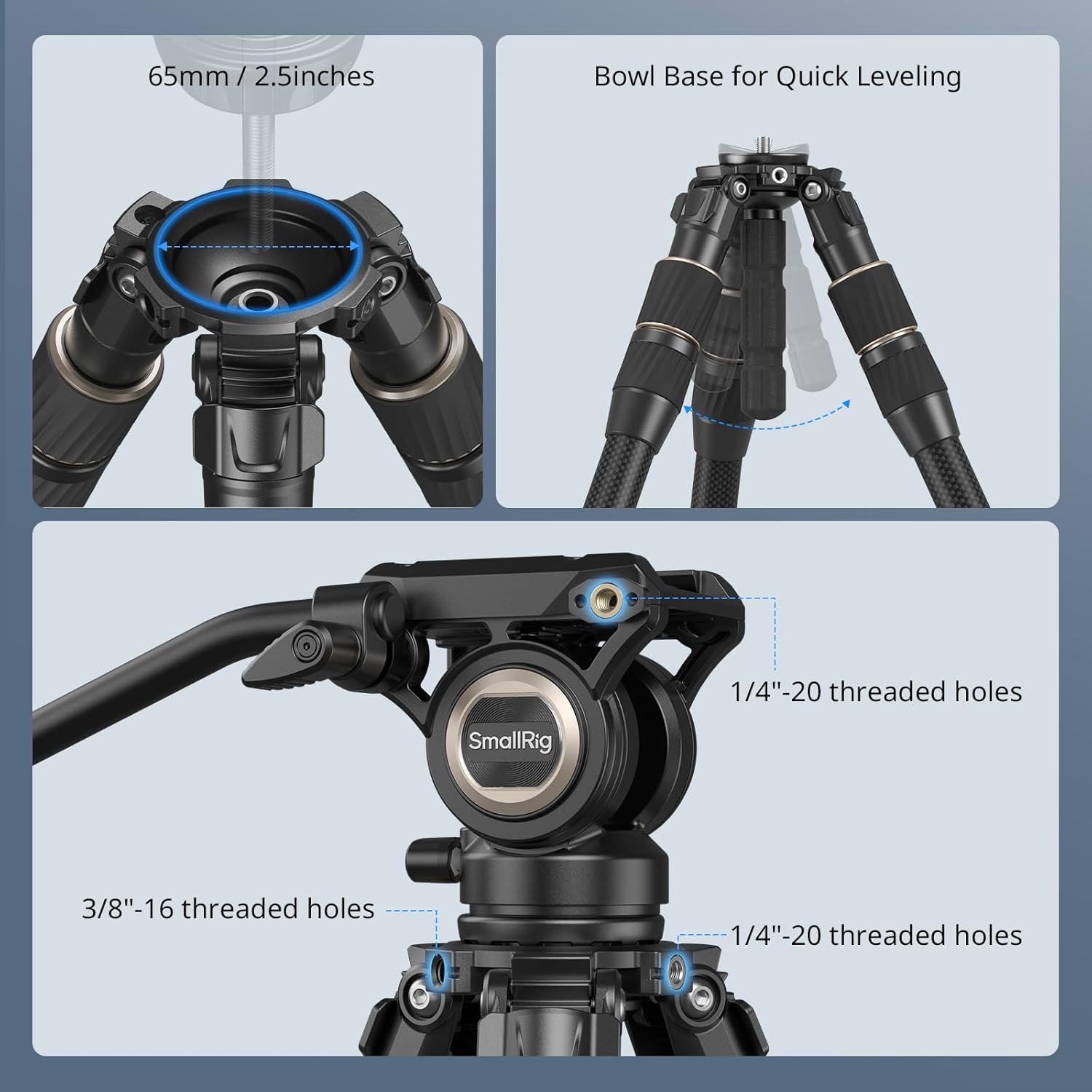 Detallada view of the 65mm bowl base for quick leveling and threaded accessory holes