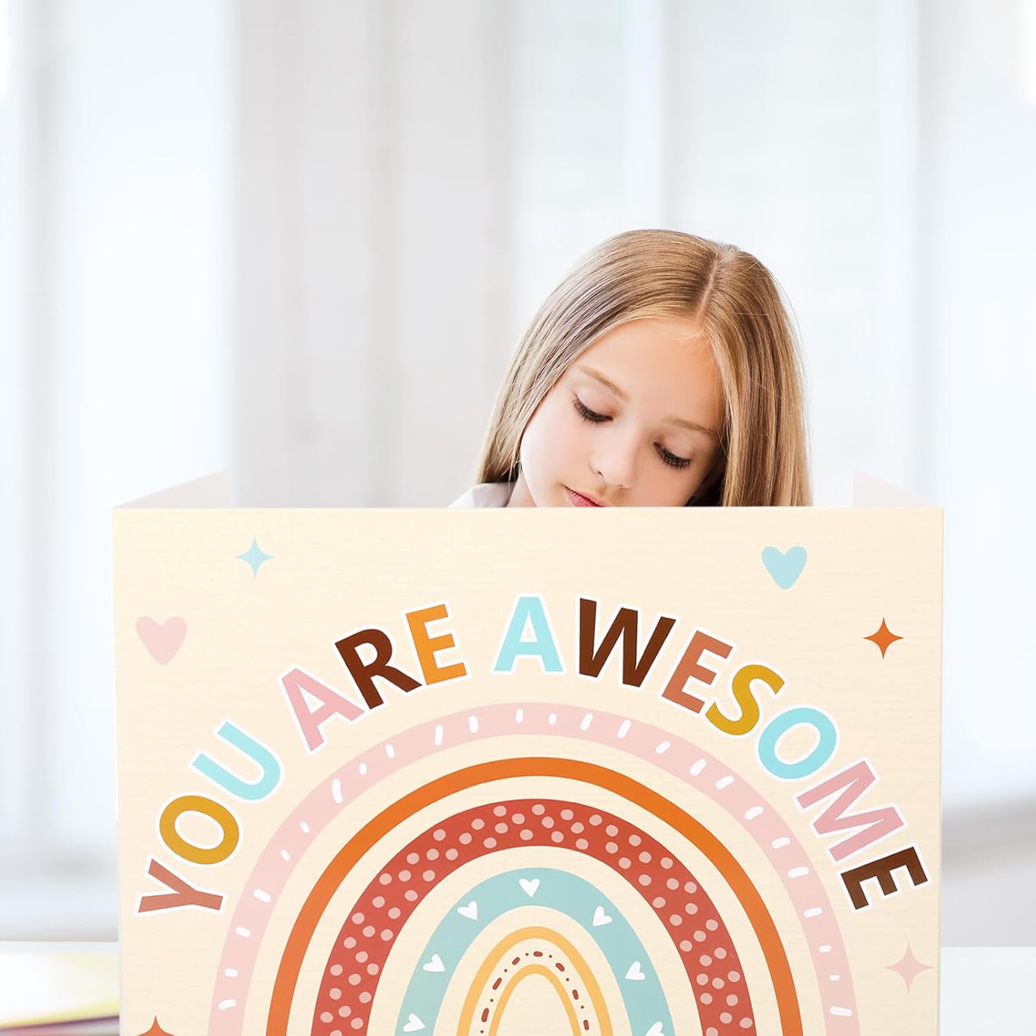 Whaline 30Pcs Privacy Boards Boho Classroom Desk Dividers Colorful Rainbow Heart You are Awesome Desk Privacy Panel Privacy Folders Screen Partition for School Teacher Student Desk Test Supplies