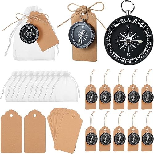 Miniatura 7 de Juego de 60 piezas de brújula de boda mini brújula regalo náutico con etiquetas de papel kraft y bolsa de organza blanca para invitados cumpleaños