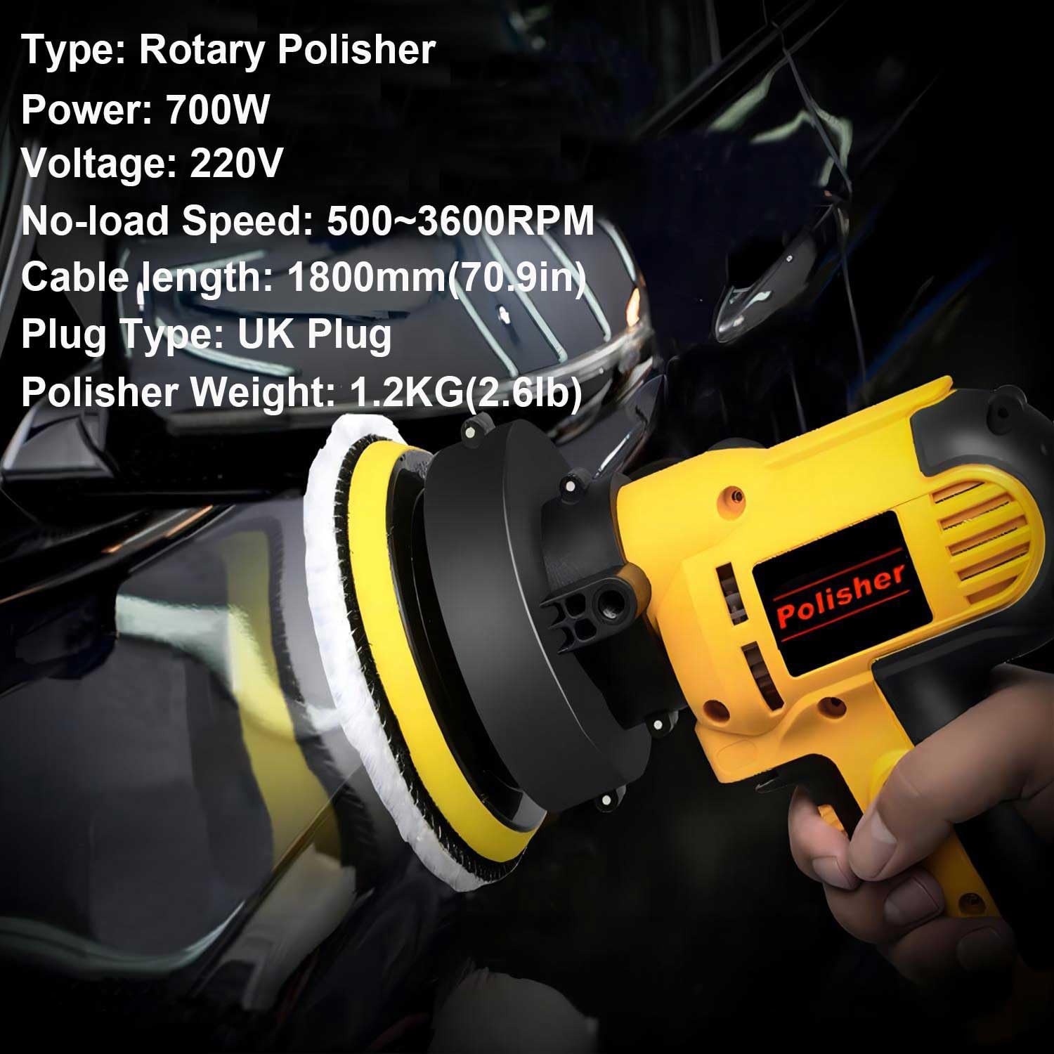 Pulidora de Coches, Kit de Pulidora Rotativa de 700W - Velocidad Variable de 600 a 3700 RPM, Pulidora Coches Ligera con 19 Accesorios para el Cuidado, Pulido y Limpieza del Coches