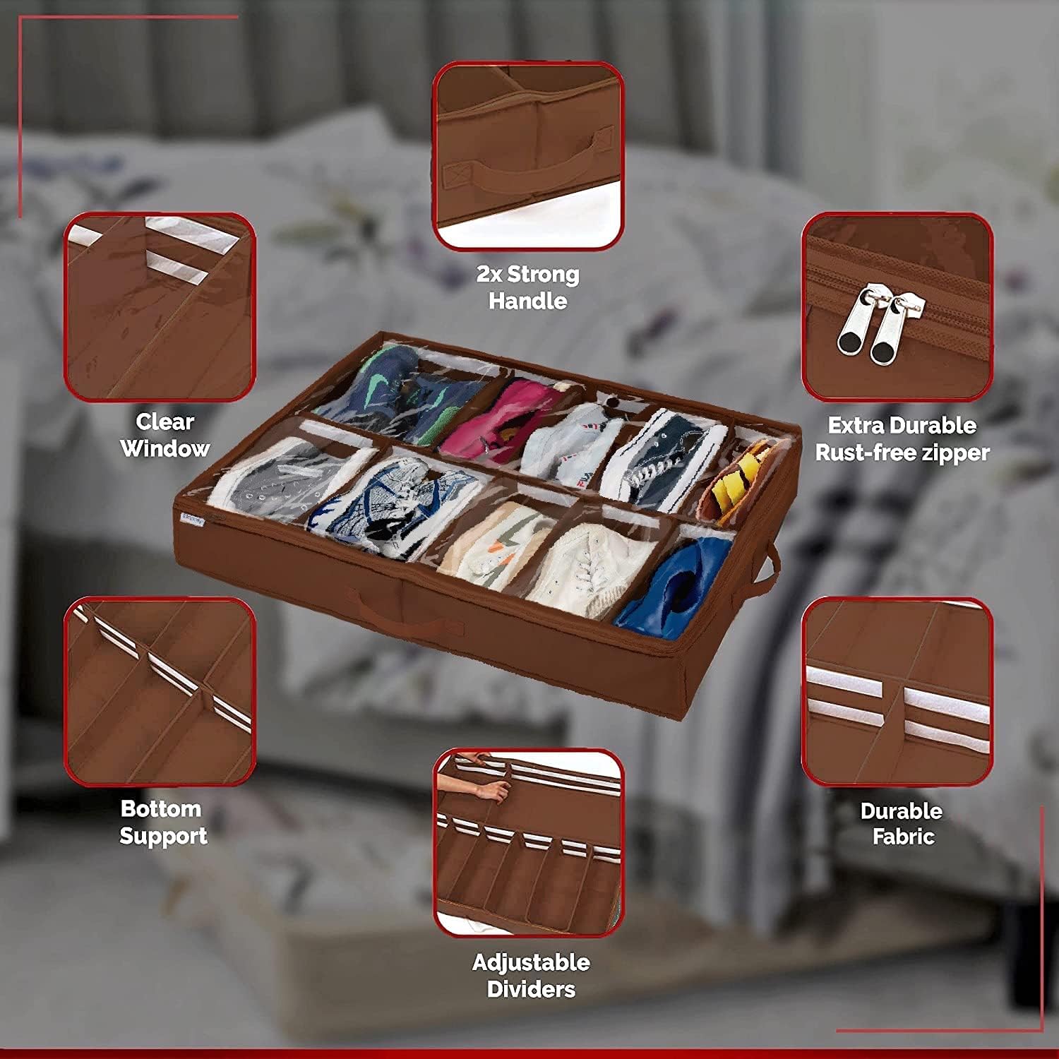 Under Bed Shoe Storage Organizer, Adjustable Dividers (2 Pack Fits 24 Pairs) Shoe Organizer Underbed Containers Solution with Sturdy and Breathable Materials for Sneakers, Boots Great Space Saver for Your Closet (Walnut)