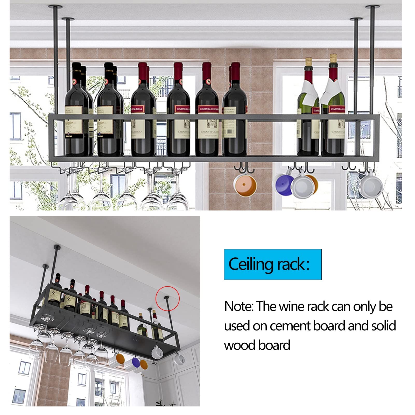 Botellero bajo Mueble - Soporte metálico para Copas y Copas de Vino, Color Negro, para Bares y cocinas (140 x 25 x 21 cm)