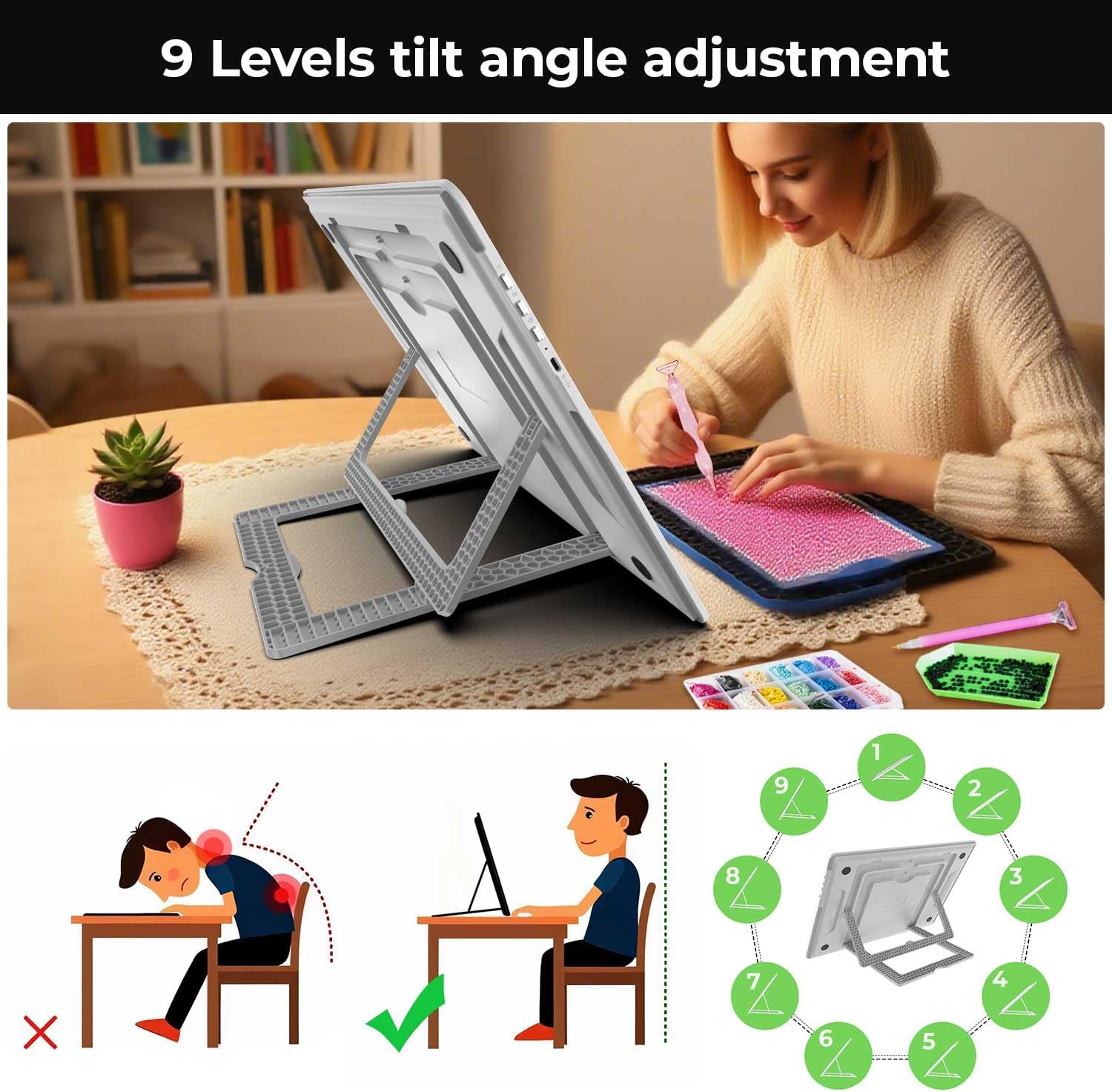 Zocelight Rechargeable A4 Light Pad with Built-in Stand,Super Bright Magnetic Light Box For Tracing,Wireless Diamond Art Light Board with Side Buttons,Light Table for Diamond Painting,Sketching(White) White A4 with Stand