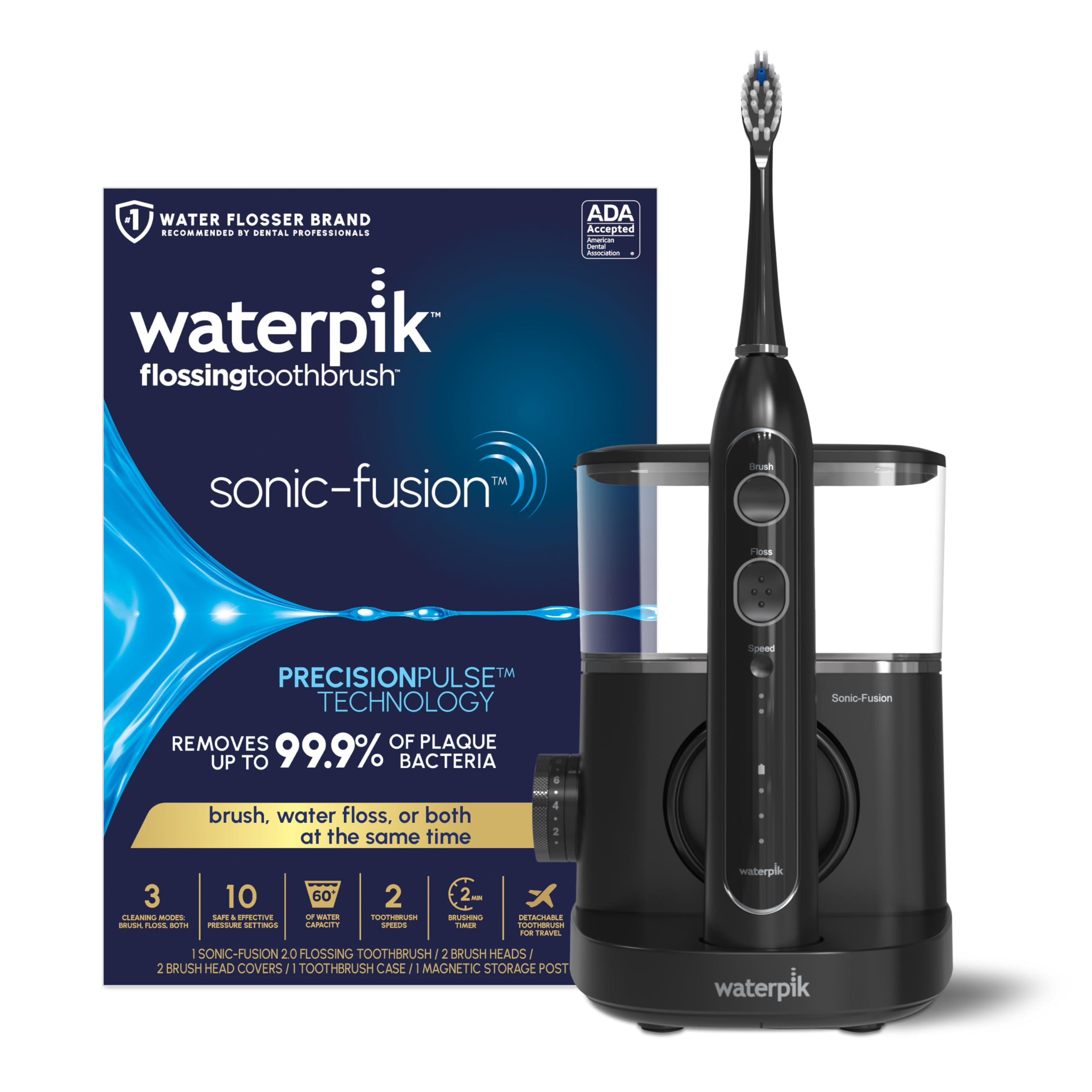 Waterpik Sonic-Fusion 2.0 Professional Flossing Toothbrush, Electric Toothbrush and Water Flosser Combo In One, Black SF-04, Packaging May Vary Black Version 2.0