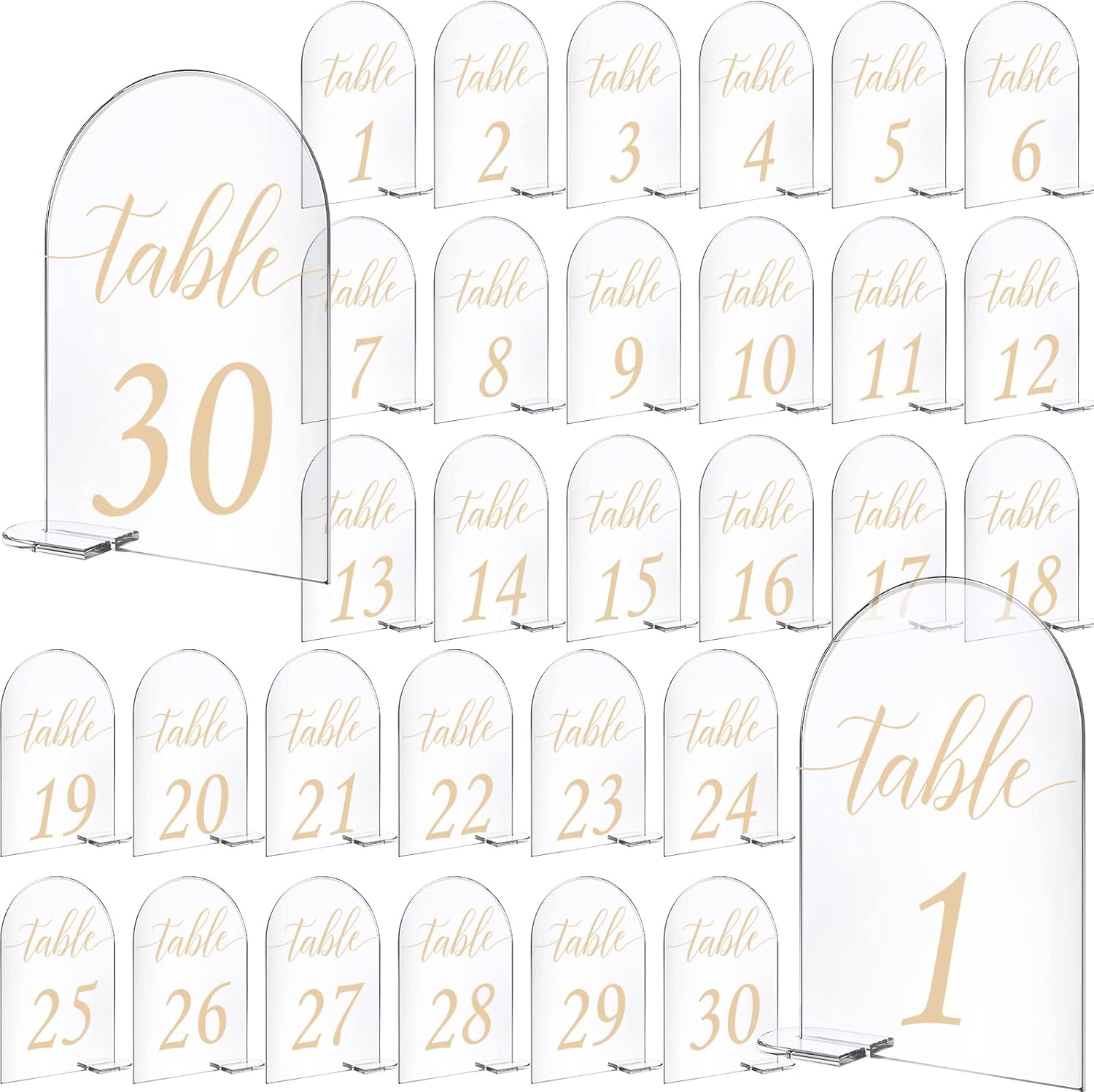 30 Sets Arch Acrylic Sign Gold Printed 130 Table Signs with Stands Calligraphy Clear Table
