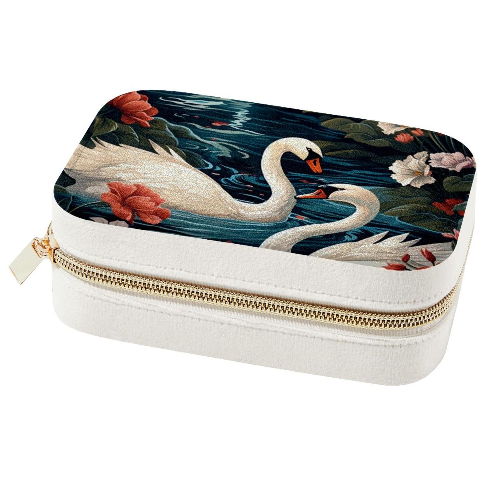 Boîte à bijoux de voyage en velours avec compartiments amovibles pour bagues et colliers Swan