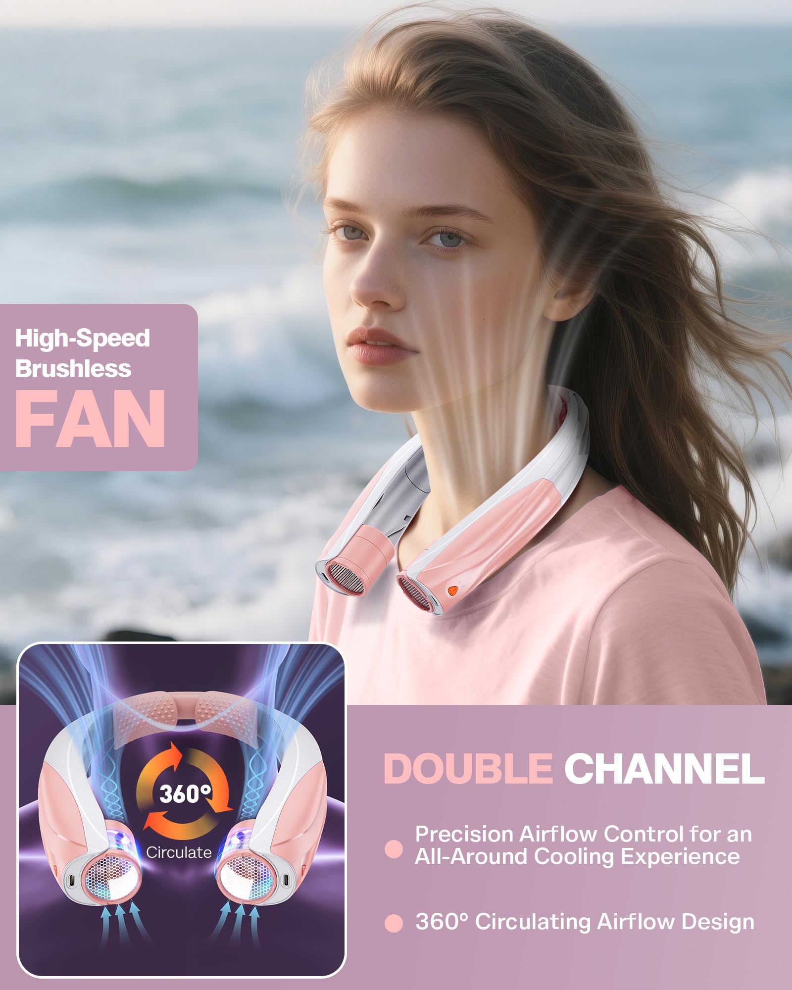 Ventilador de cuello portátil, ventilador personal de 6000 mAh, ventilador portátil recargable de refrigeración de 360°, ventiladores manos libres ajustables de 6 velocidades para viajes, al