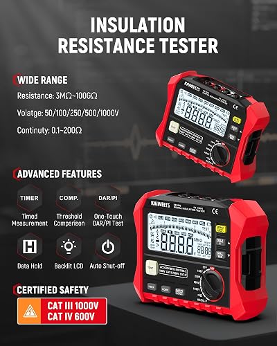 KAIWEETS Megohmmeter Insulation Tester 3MΩ-100GΩ 1000V DAR/PI Pro Ohm Meter - 2