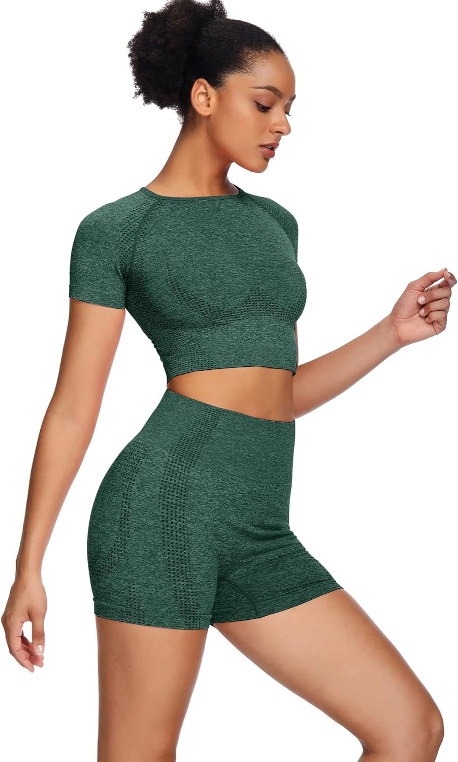 Women Seamless Yoga Outfits 2 Piece Set Workout Gym Shorts + Short Sleeve Crop Top - Image 2