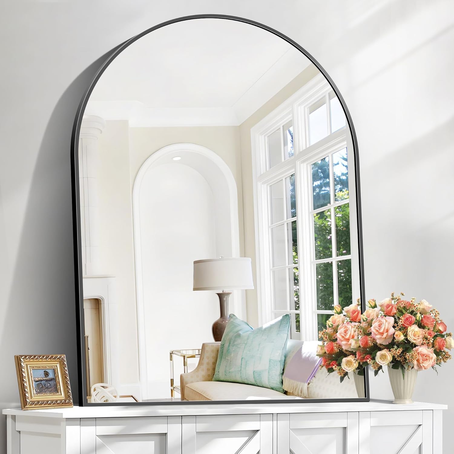 COFENY Arched Bathroom Mirror, 36x48IN Black Bathroom Mirror with Metal Frame, Wide Wall Mounted Mirrors Decor Modern Dresser Mirror for Bedroom Living Room Entryway