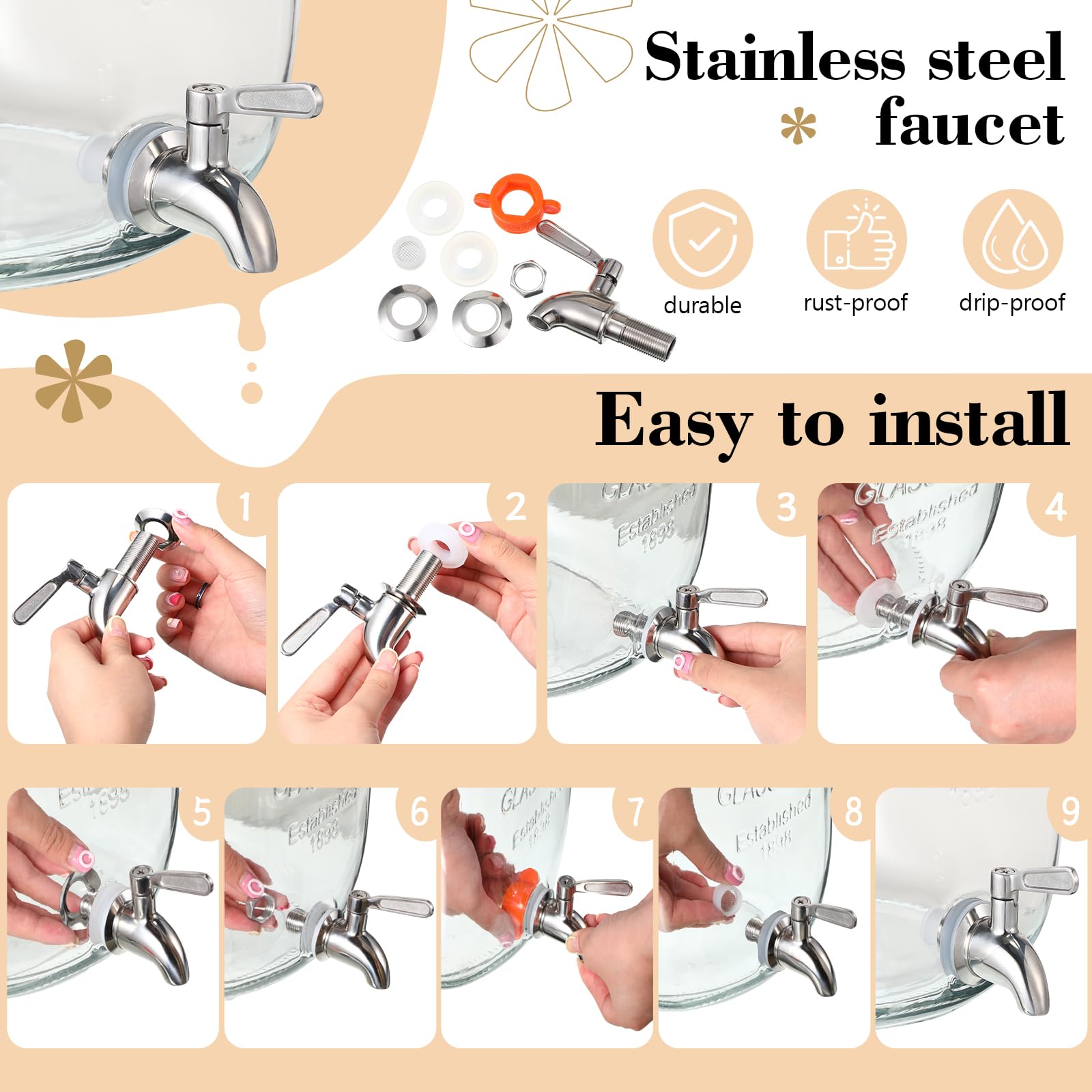Sliner Paquete de 2 dispensadores de bebidas de vidrio con soporte, dispensador de bebidas de vidrio, recipientes de agua y jugos para fiestas con pizarra colgante de espiga de acero inoxidable (2