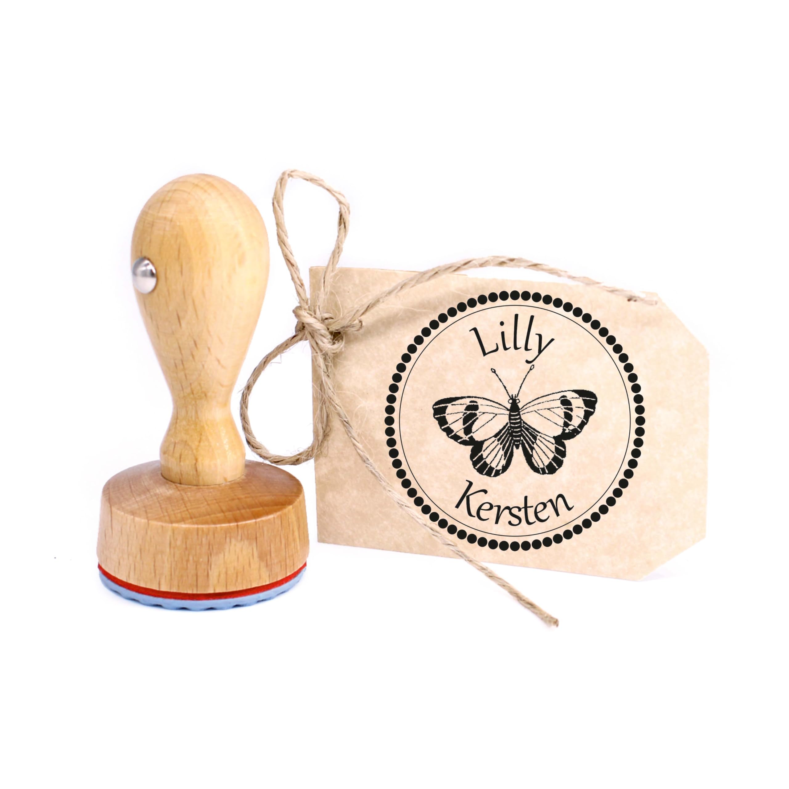 DEKOLANDO Butterfly Stamp Personalised Children - Wooden Round Stamp - Diameter 24 mm - Ink Pad Optional (Red, Black, Blue)