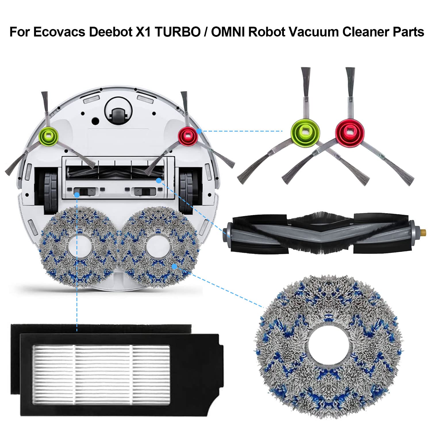 Kit d'accessoires Rechange pour Ecovacs Deebot X1 Omni, X1 e Omni, X1 Turbo, T10 Turbo/Omni Robot Aspirateur, 1 Brosse, 2 Filtres, 6 Brosses Latérales, 4 Chiffons Serpillères, 1 Brosse Nettoyage - 3